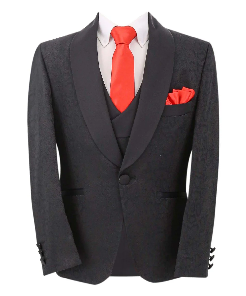 Boys Jacquard Patterned Tuxedo Suit - ASHLEY - Black - Image 2