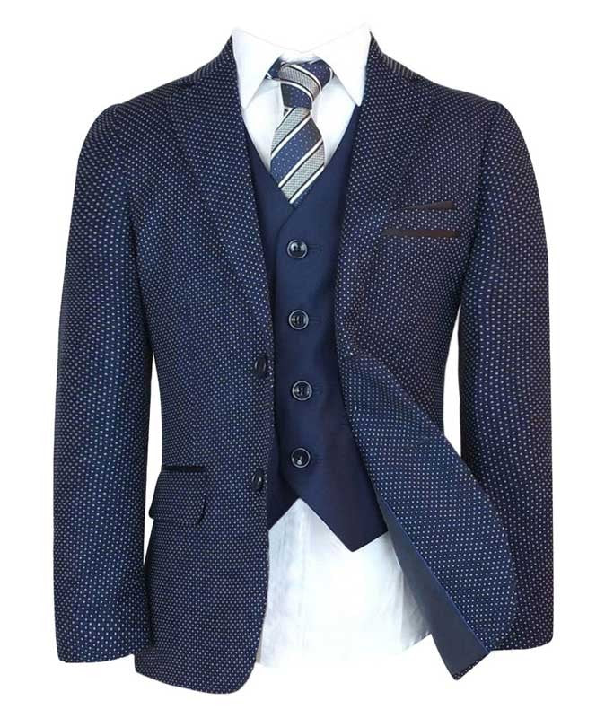 Boys Italian Slim Fit Polka Dot Navy Suit - Navy Blue - Image 2