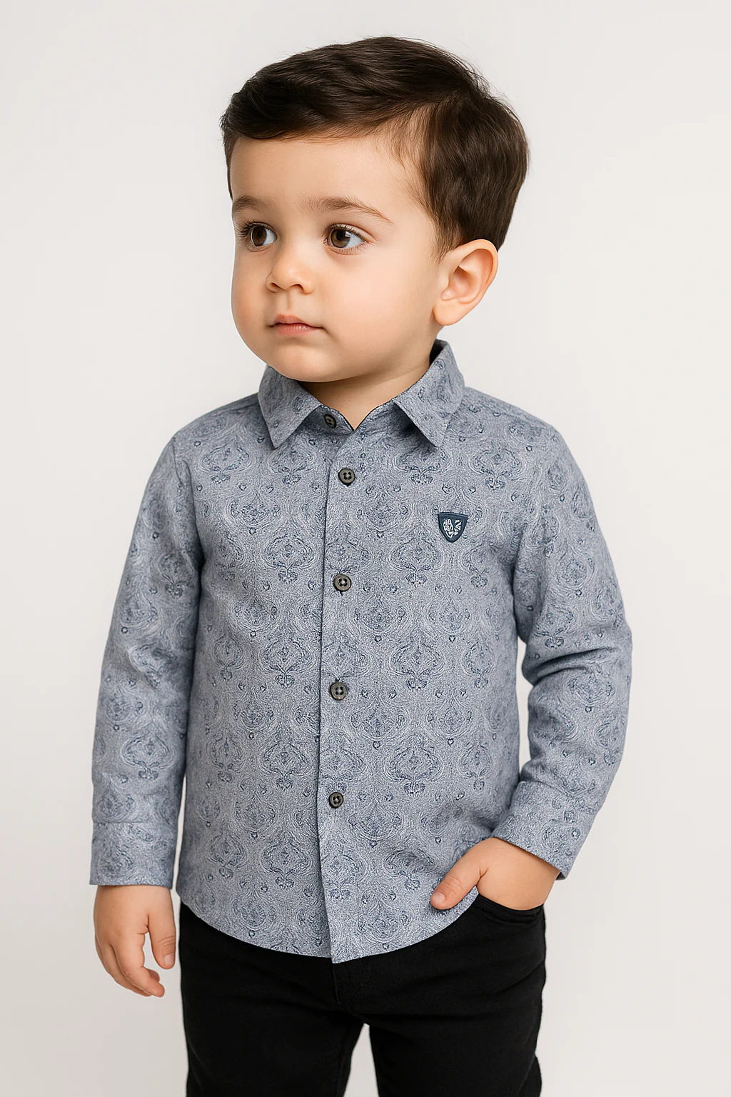 Boys Paisley Patterned Slim Fit Cotton Casual Shirt - Blue - Grey