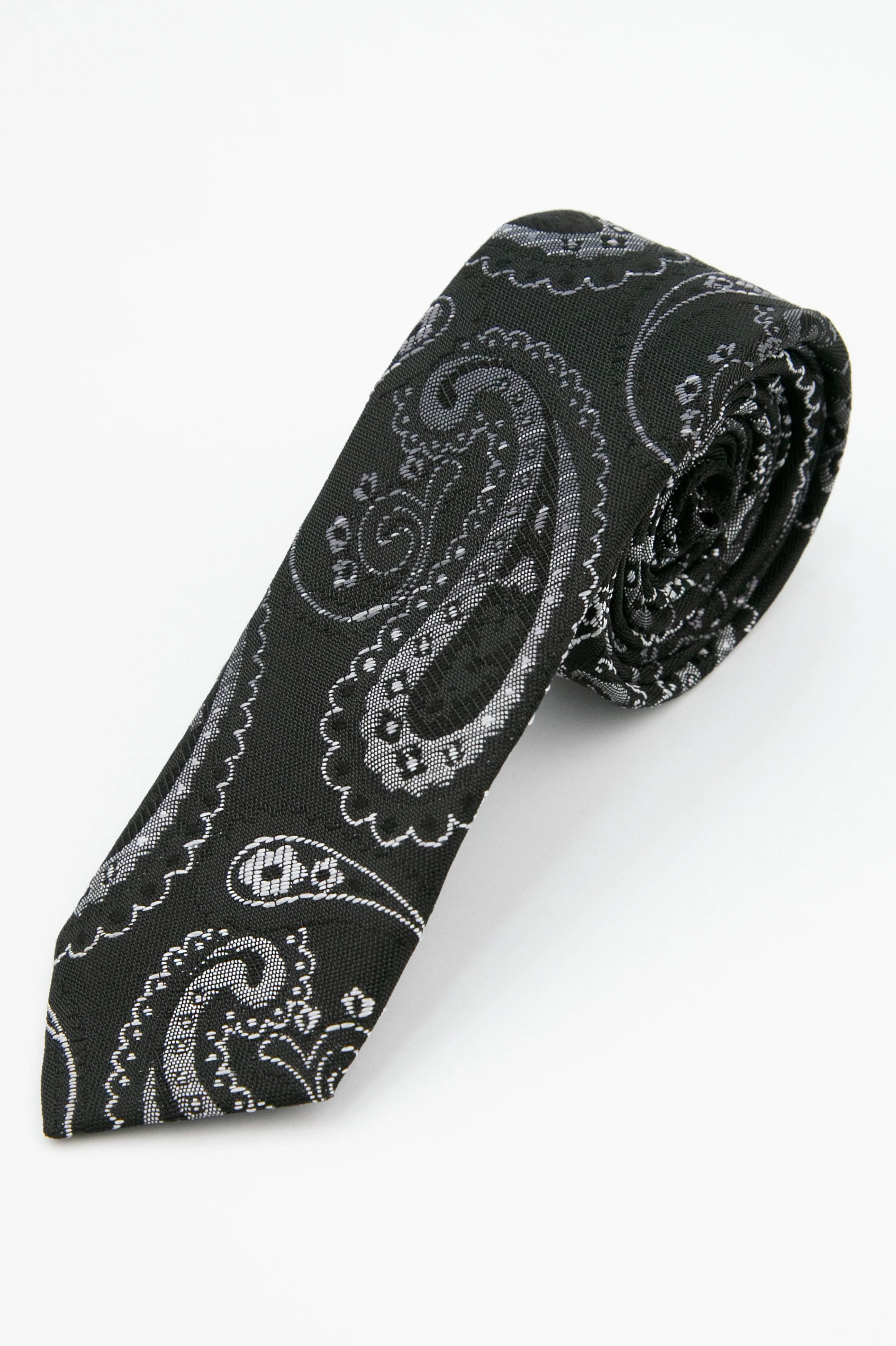 Boys’ Paisley Slim Tie & Pocket Square Set - Black and Silver - Image 2
