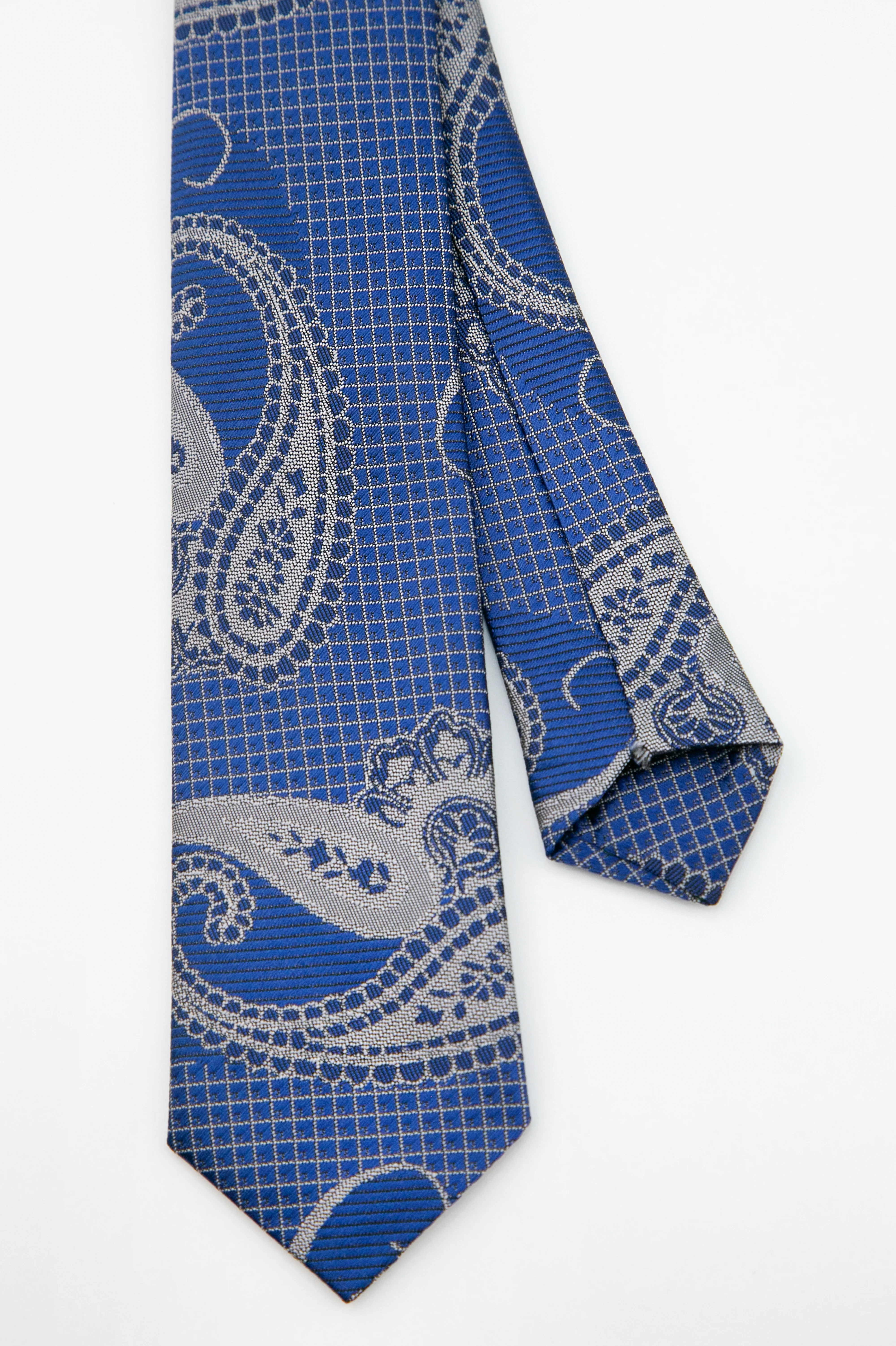 Boys’ Paisley Slim Tie & Pocket Square Set - Blue and Silver - Image 3