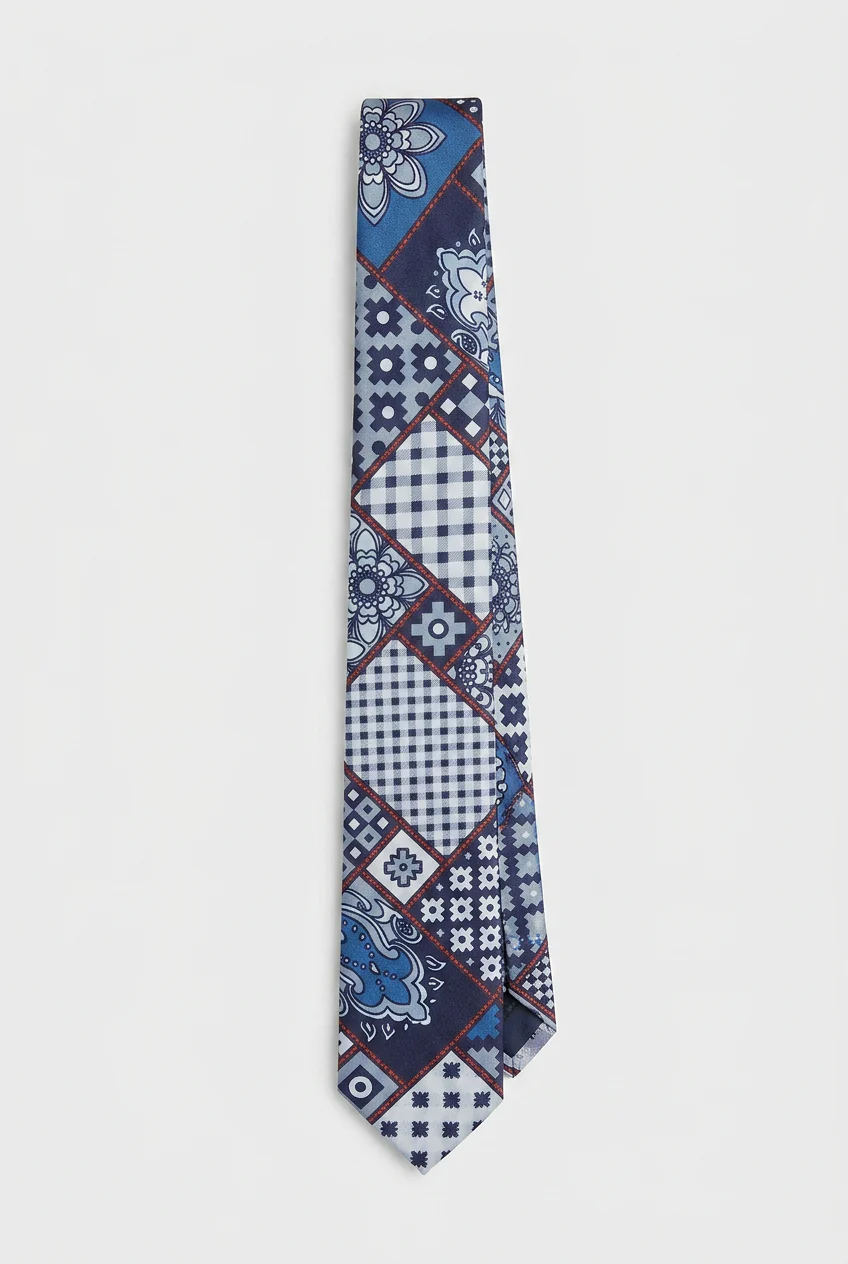 Boys Patch Work Jacquard Slim Tie - Navy Blue - Image 2