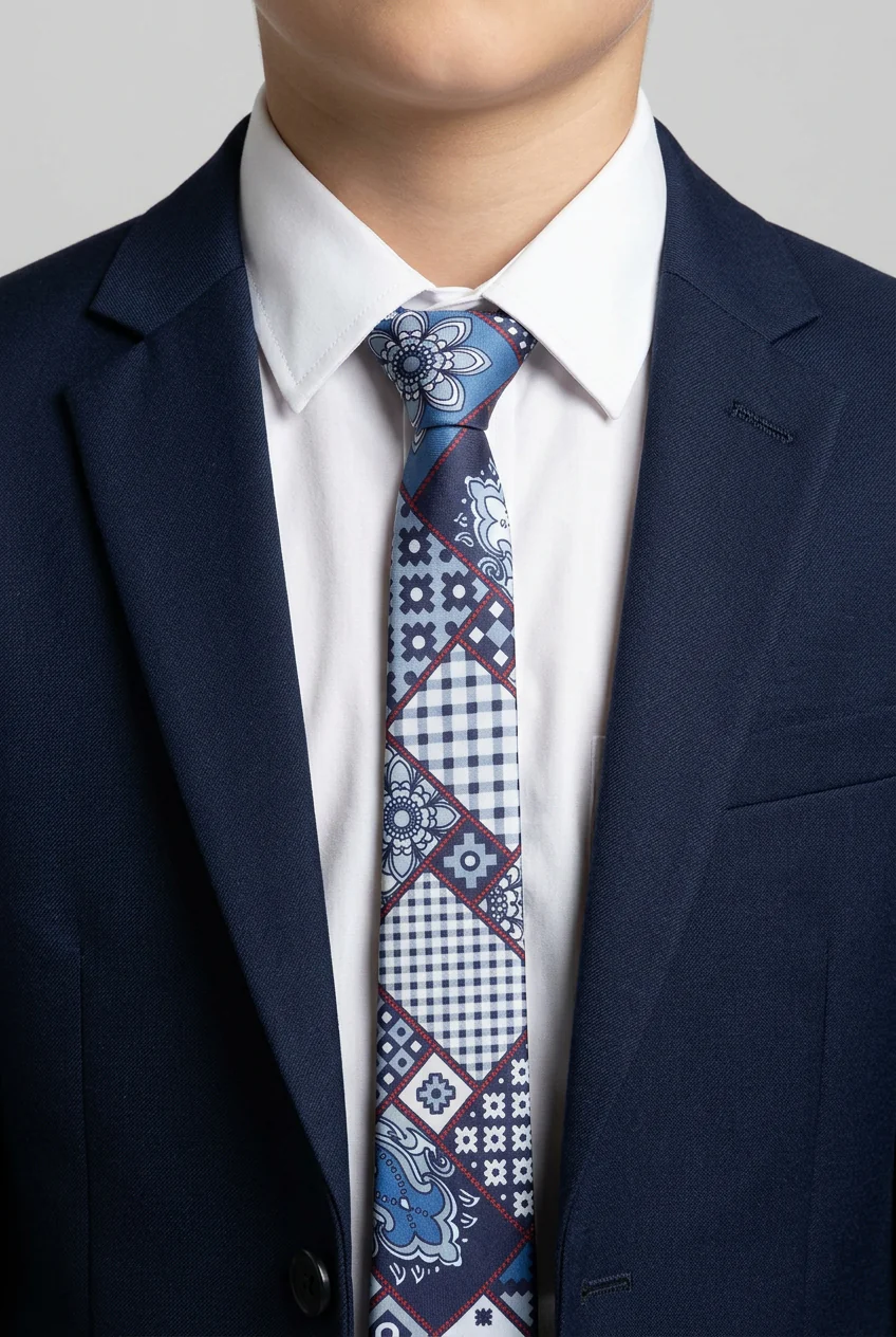 Boys Patch Work Jacquard Slim Tie - Navy Blue - Image 3