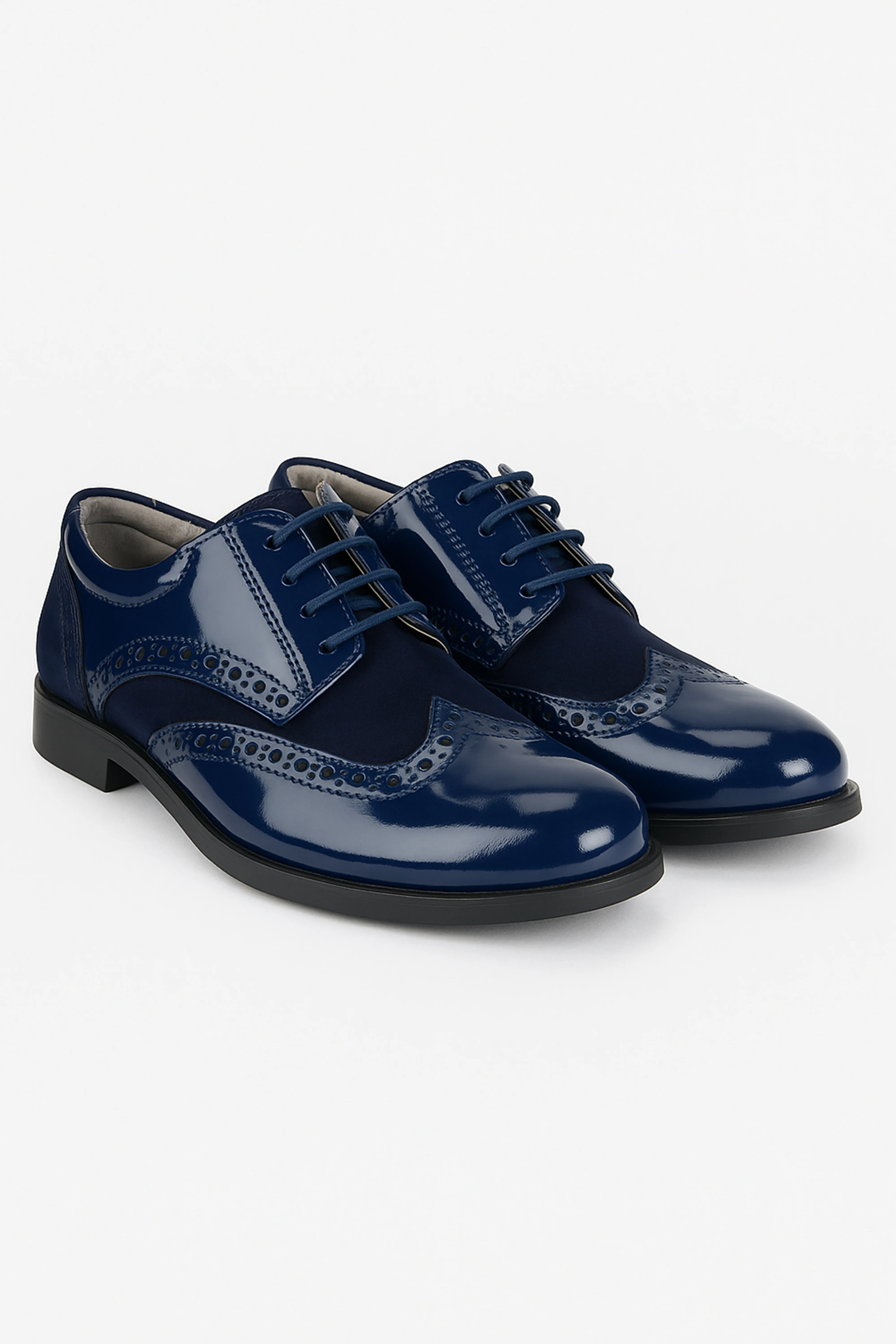 Boys Patent Leather & Suede Lace Up Brogue Derby Shoes - Navy Blue - Image 3
