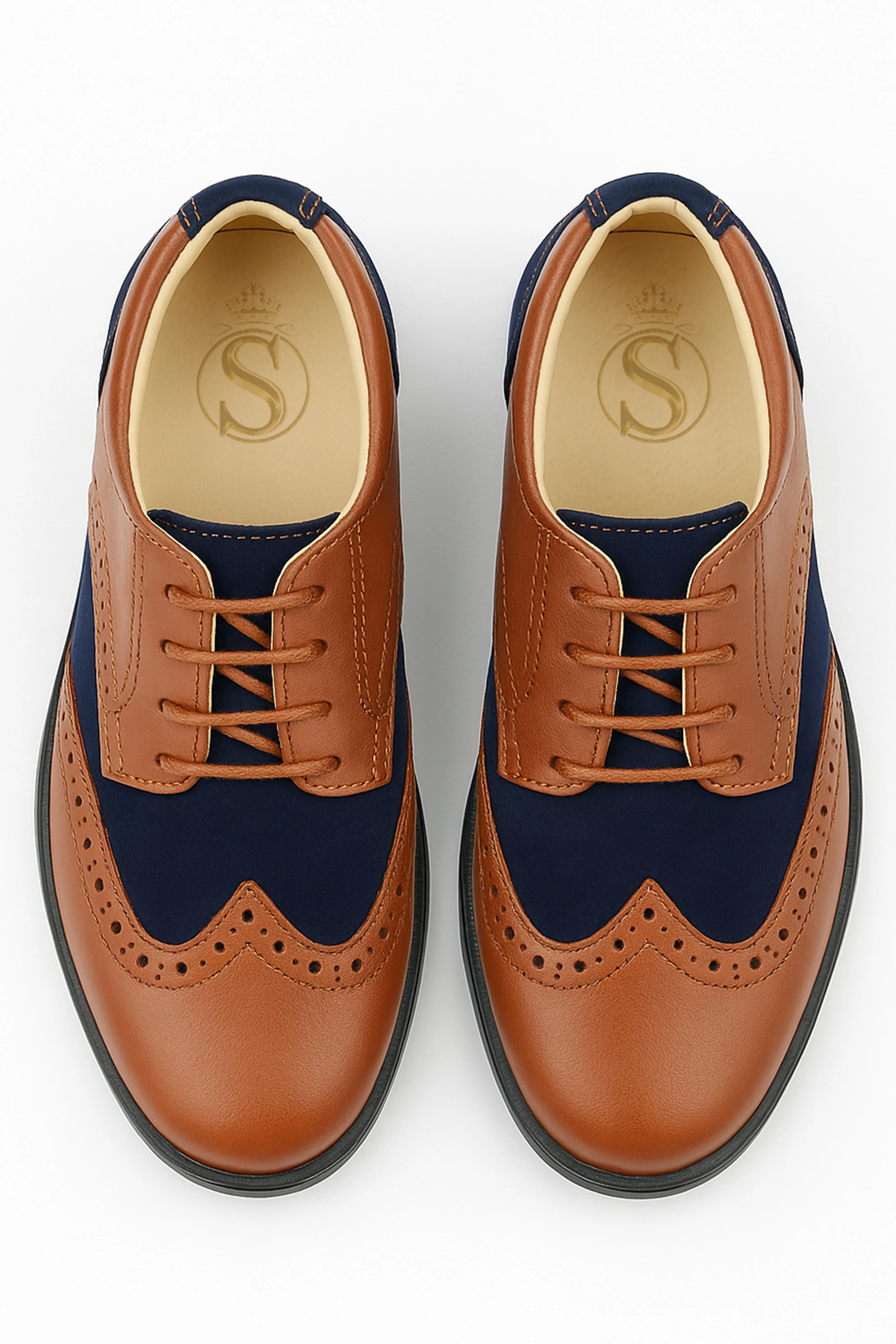 Boys Patent Leather & Suede Lace Up Brogue Derby Shoes - Tan Brown - Navy Blue - Image 2