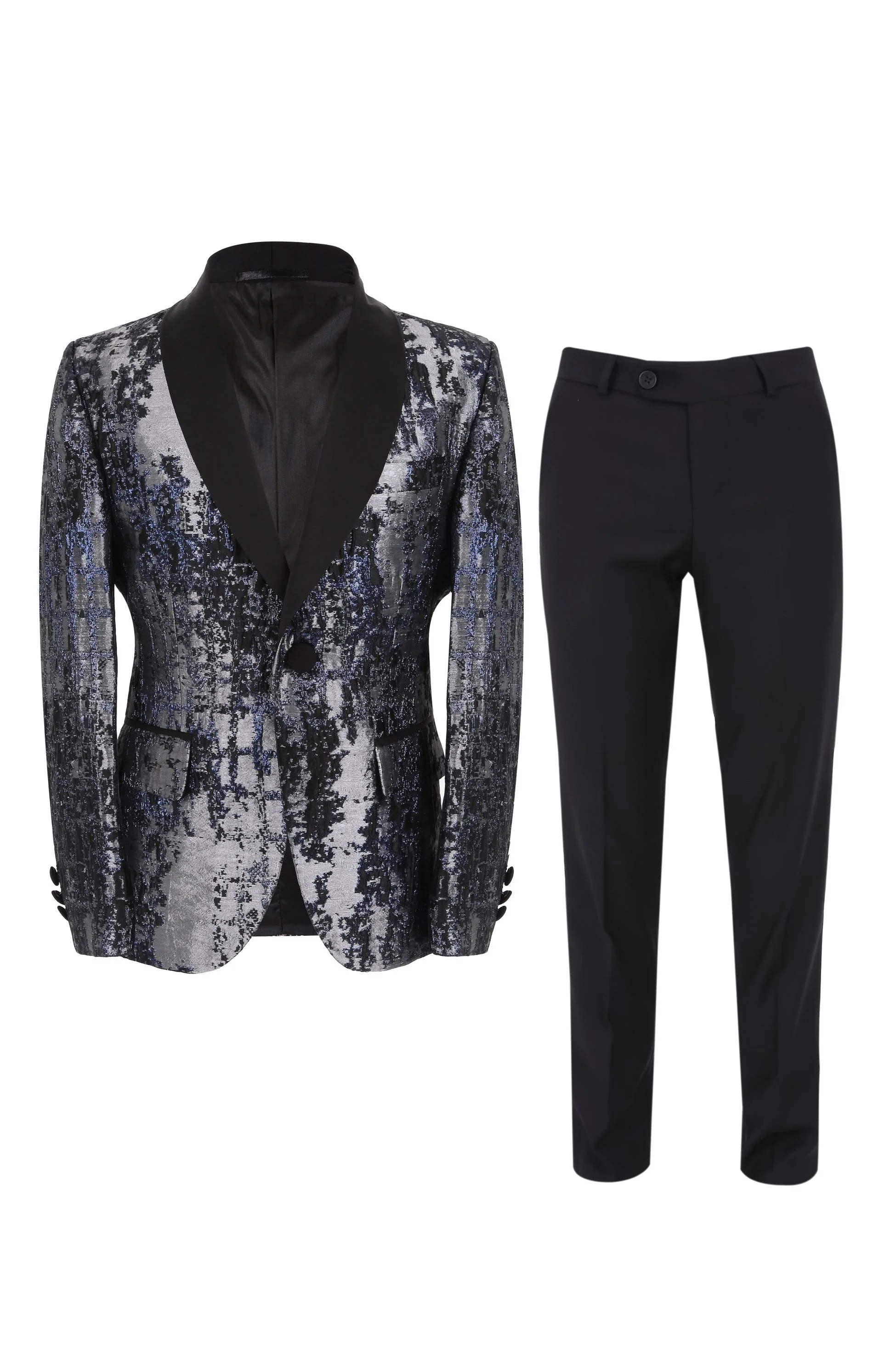 Boys Shimmery Patterned Tuxedo Suit - Black - Silver - Image 5