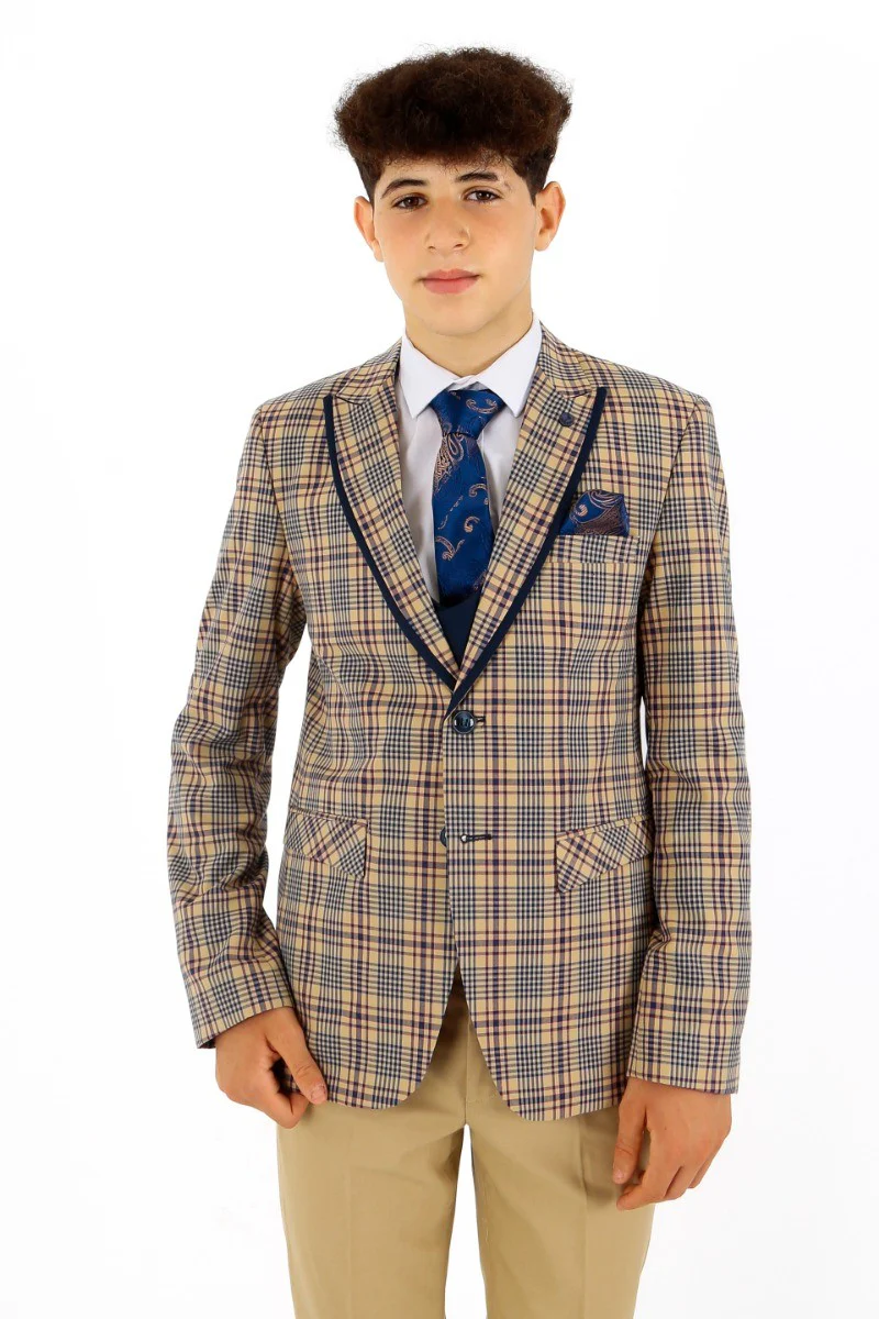 Boys Plaid Check Slim Fit Suit - Beige - Navy Blue - Image 2