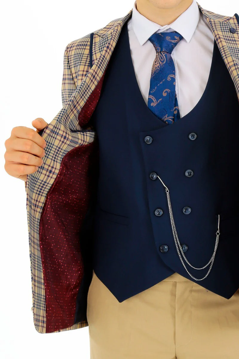 Boys Plaid Check Slim Fit Suit - Beige - Navy Blue - Image 3