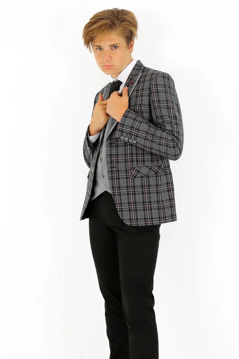 Boys Plaid Check Slim Fit Suit - Black - Grey - Image 2