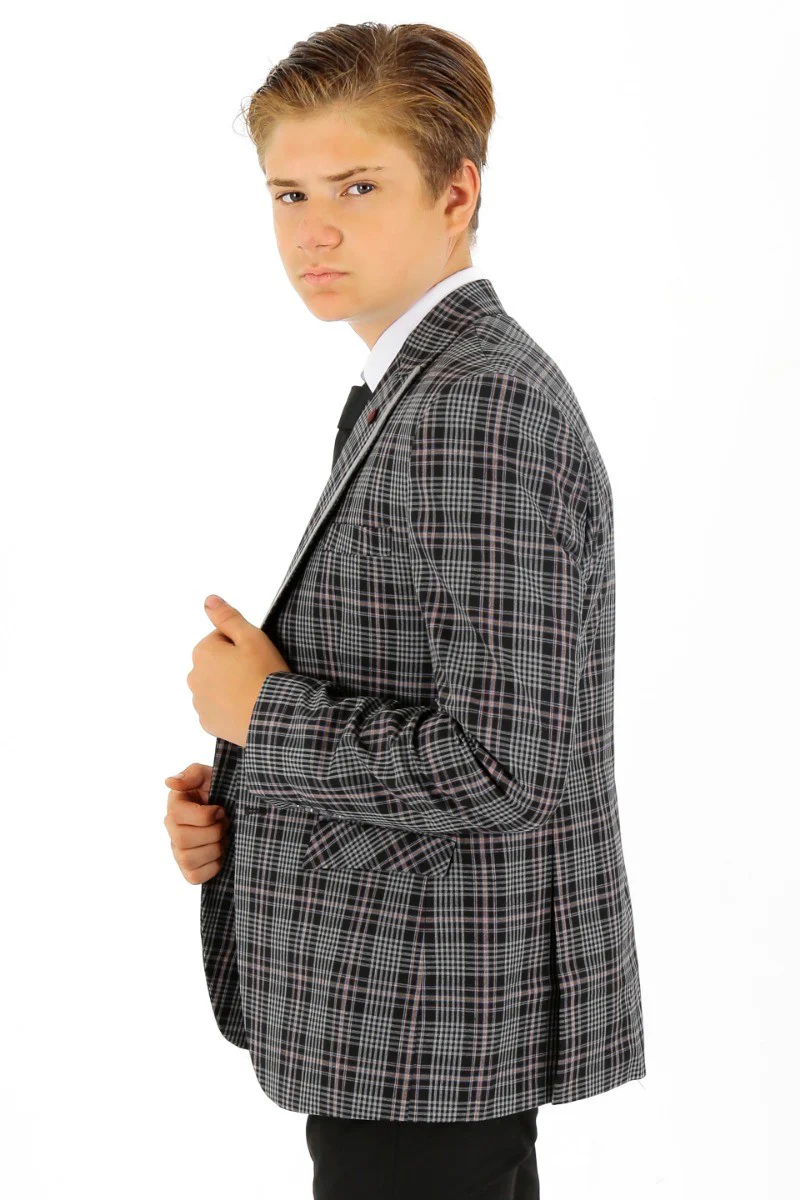 Boys Plaid Check Slim Fit Suit - Black - Grey - Image 3