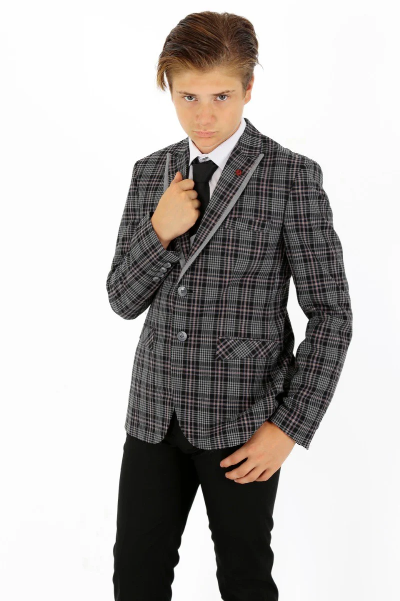 Boys Plaid Check Slim Fit Suit - Black - Grey - Image 4