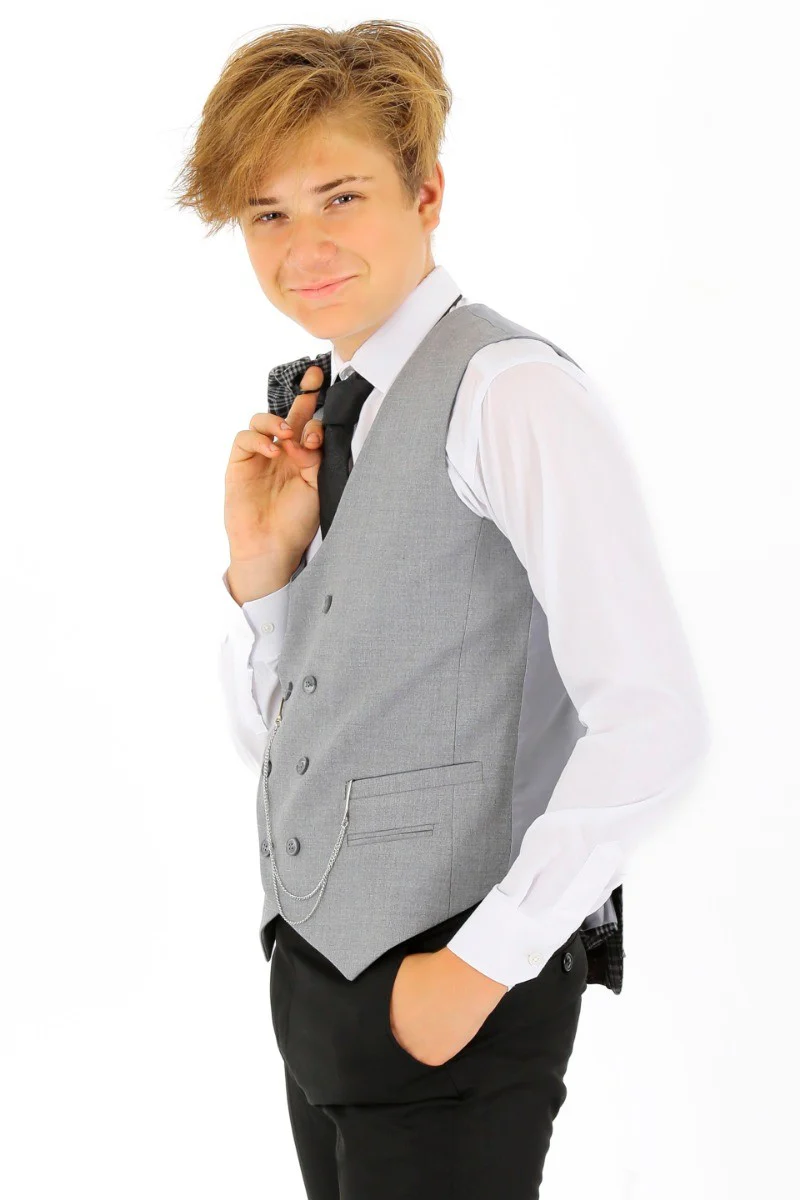 Boys Plaid Check Slim Fit Suit - Black - Grey - Image 7