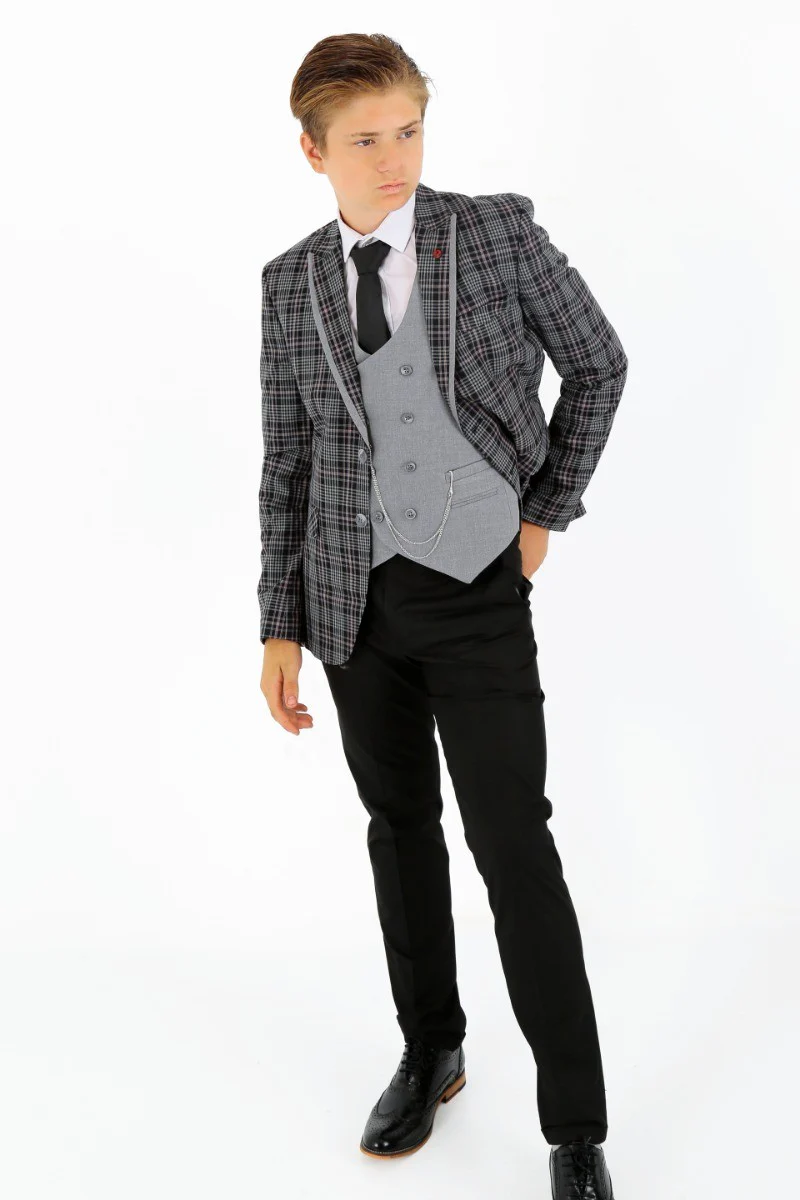 Boys Plaid Check Slim Fit Suit - Black - Grey - Image 8