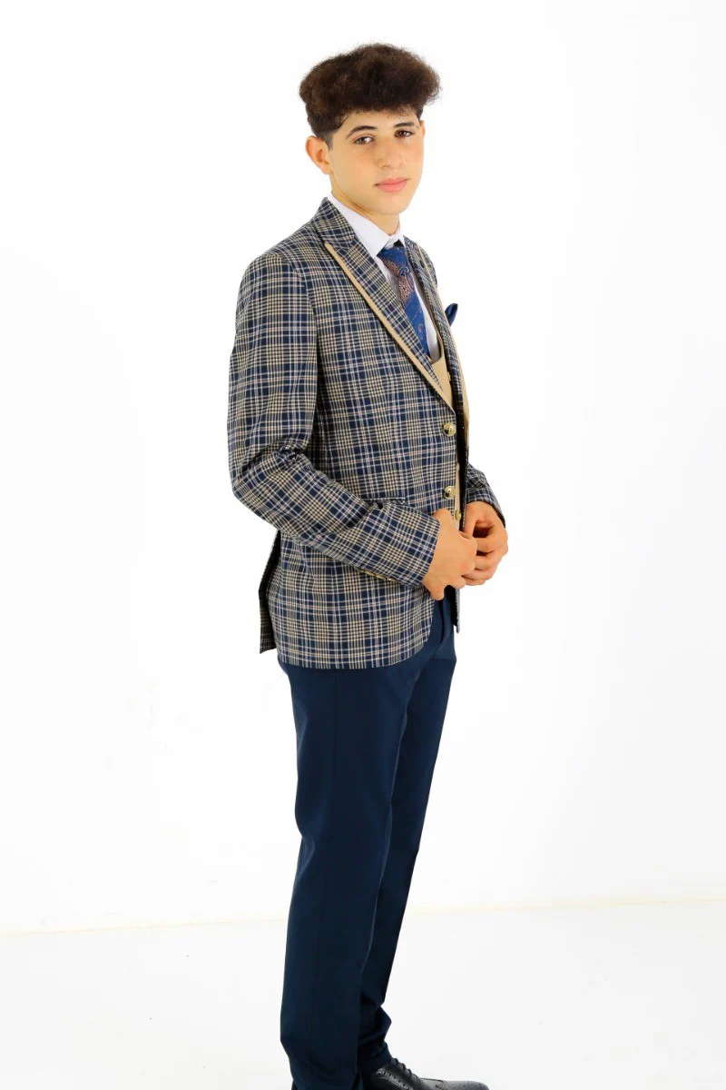 Boys Plaid Check Slim Fit Suit - Navy Blue- Beige - Image 2