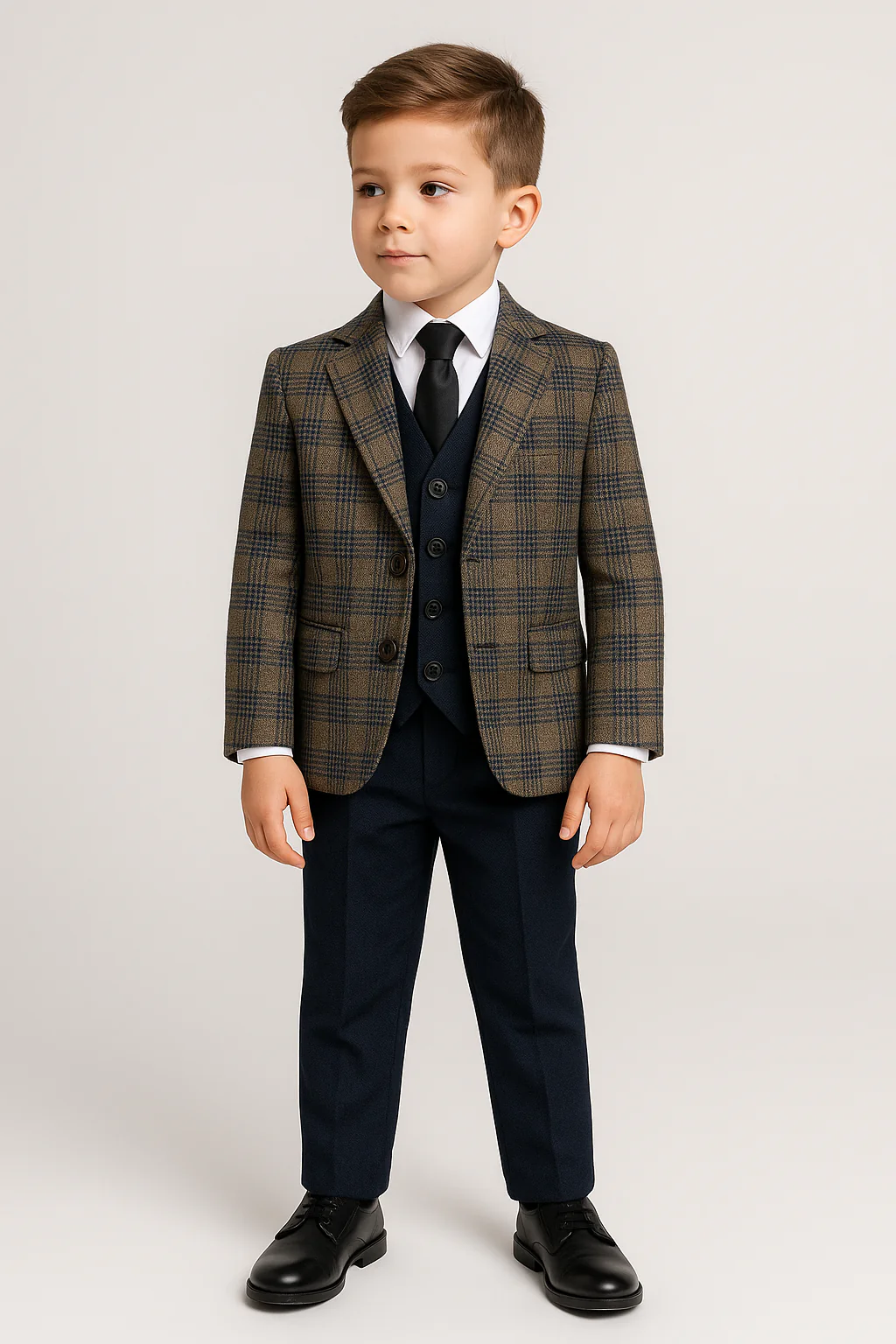 Boys Slim Fit Woven Effect Plaid Check Suit - Navy Blue - Image 2