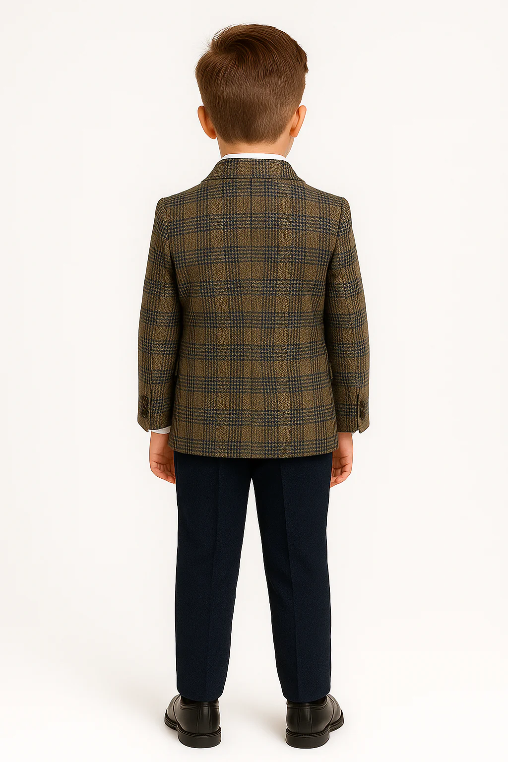 Boys Slim Fit Woven Effect Plaid Check Suit - Navy Blue - Image 3