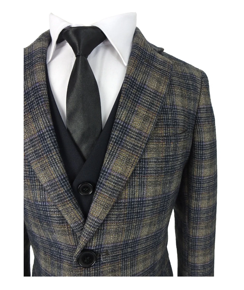 Boys Slim Fit Woven Effect Plaid Check Suit - Navy Blue - Image 4
