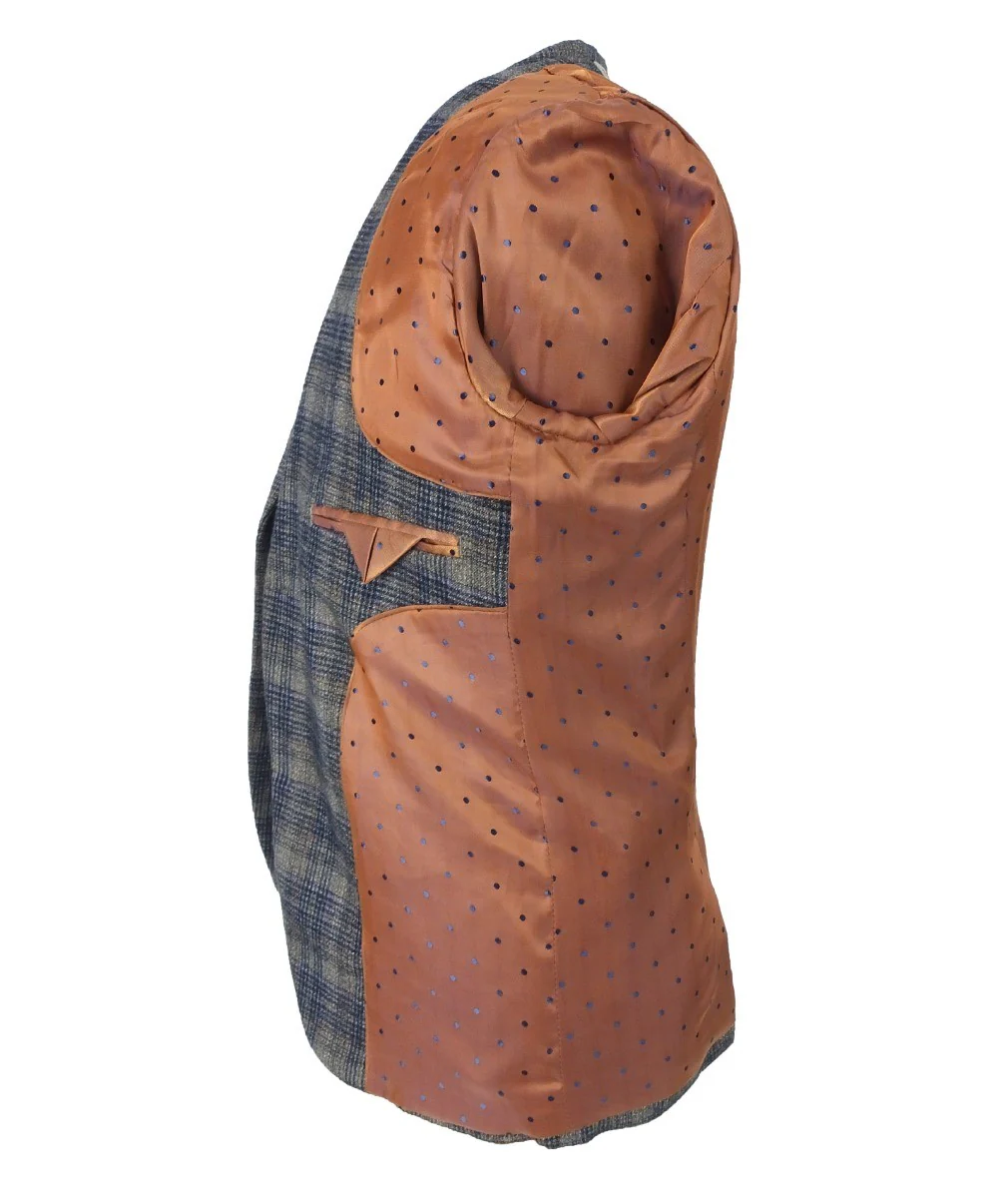Boys Slim Fit Woven Effect Plaid Check Suit - Navy Blue - Image 7