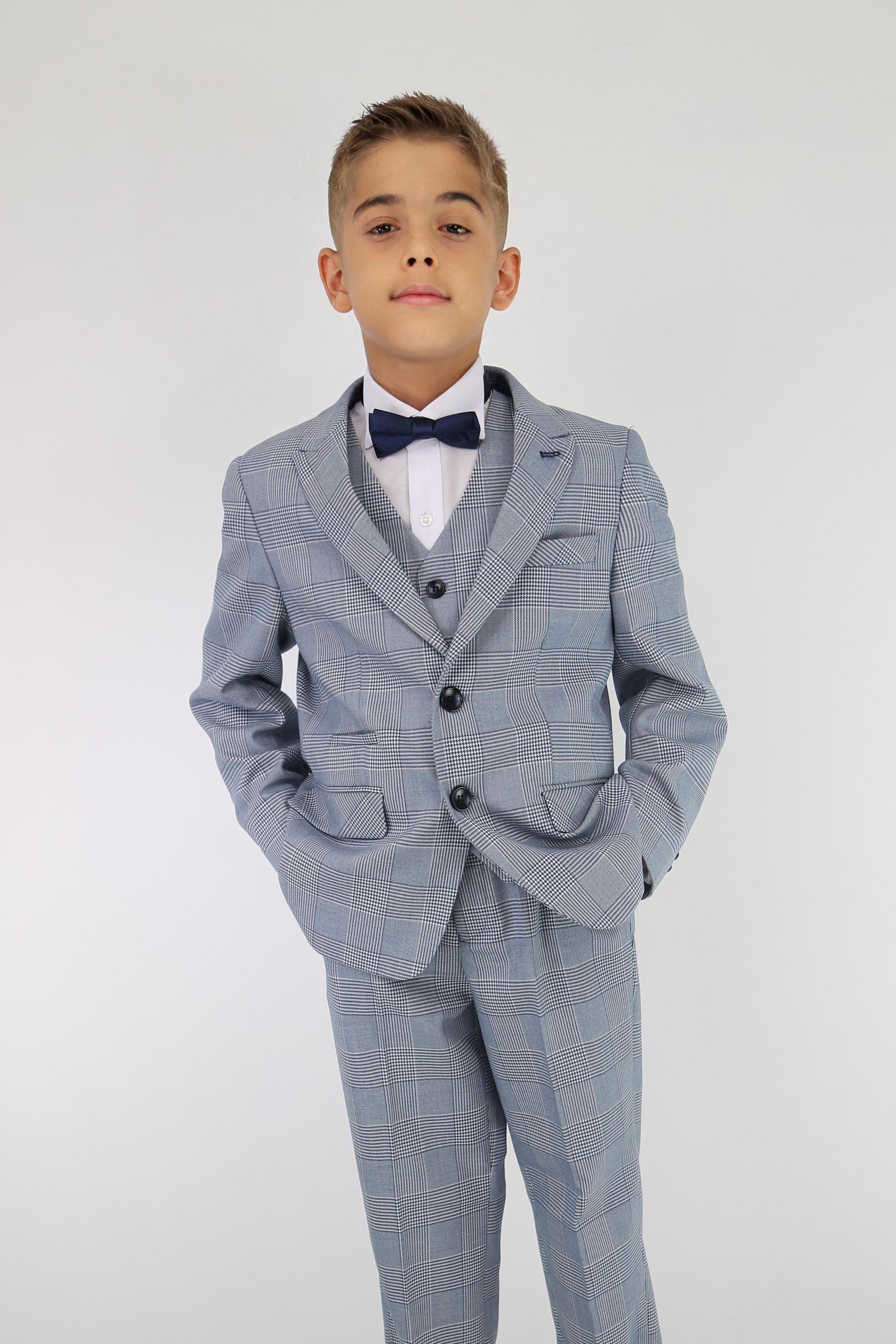 Boys Tailored Fit Tweed Check Suit - MARK - Sky Blue - Image 2