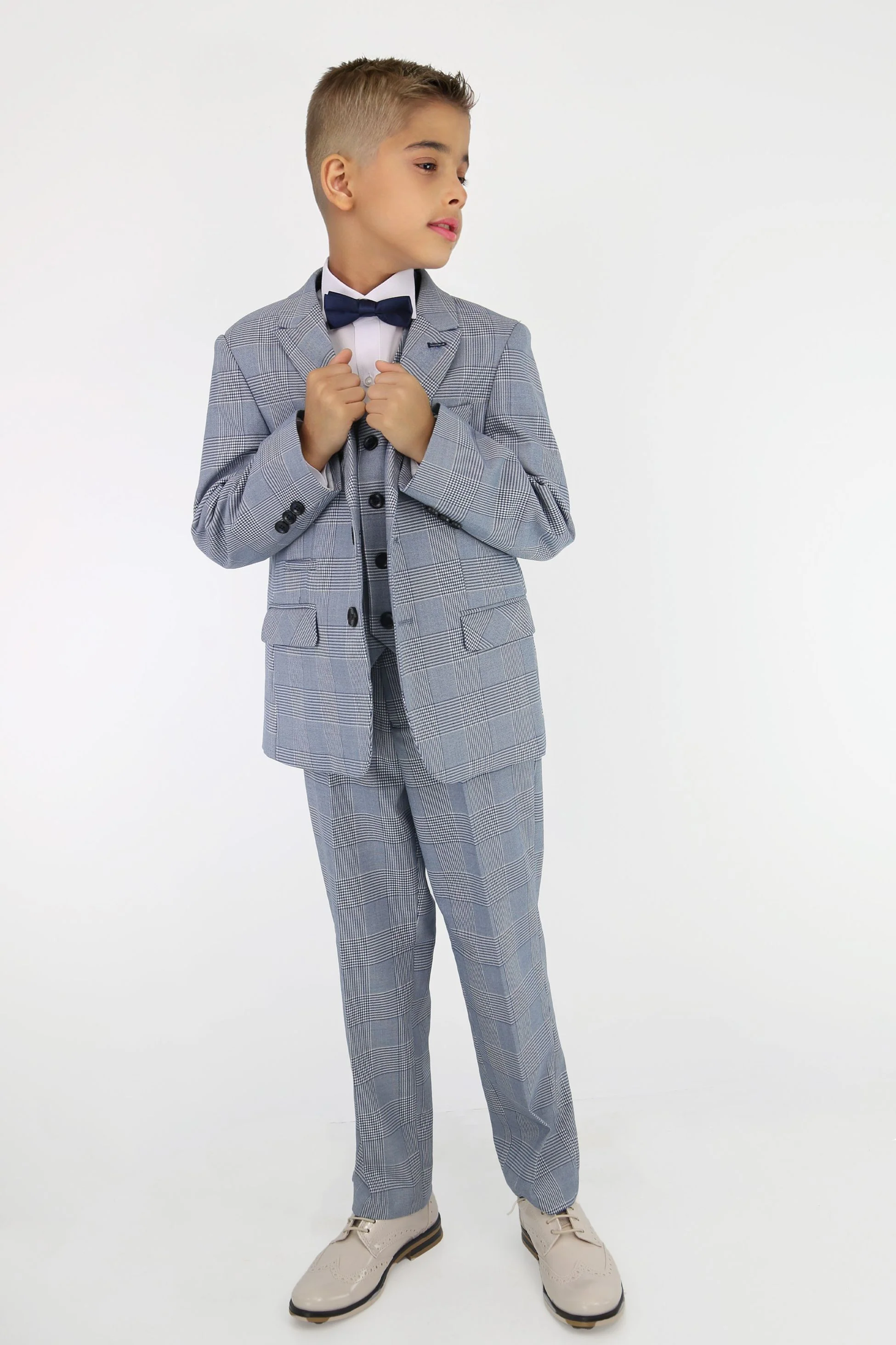 Boys Tailored Fit Tweed Check Suit - MARK - Sky Blue - Image 4