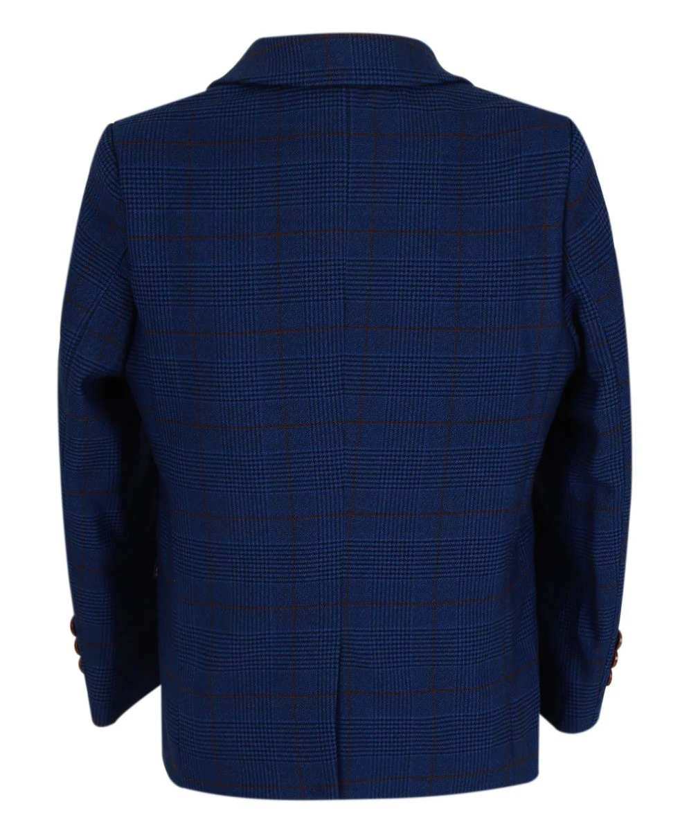 Boys Tweed Check Tailored Fit Navy Suit - ALEX - Royal Blue - Image 5