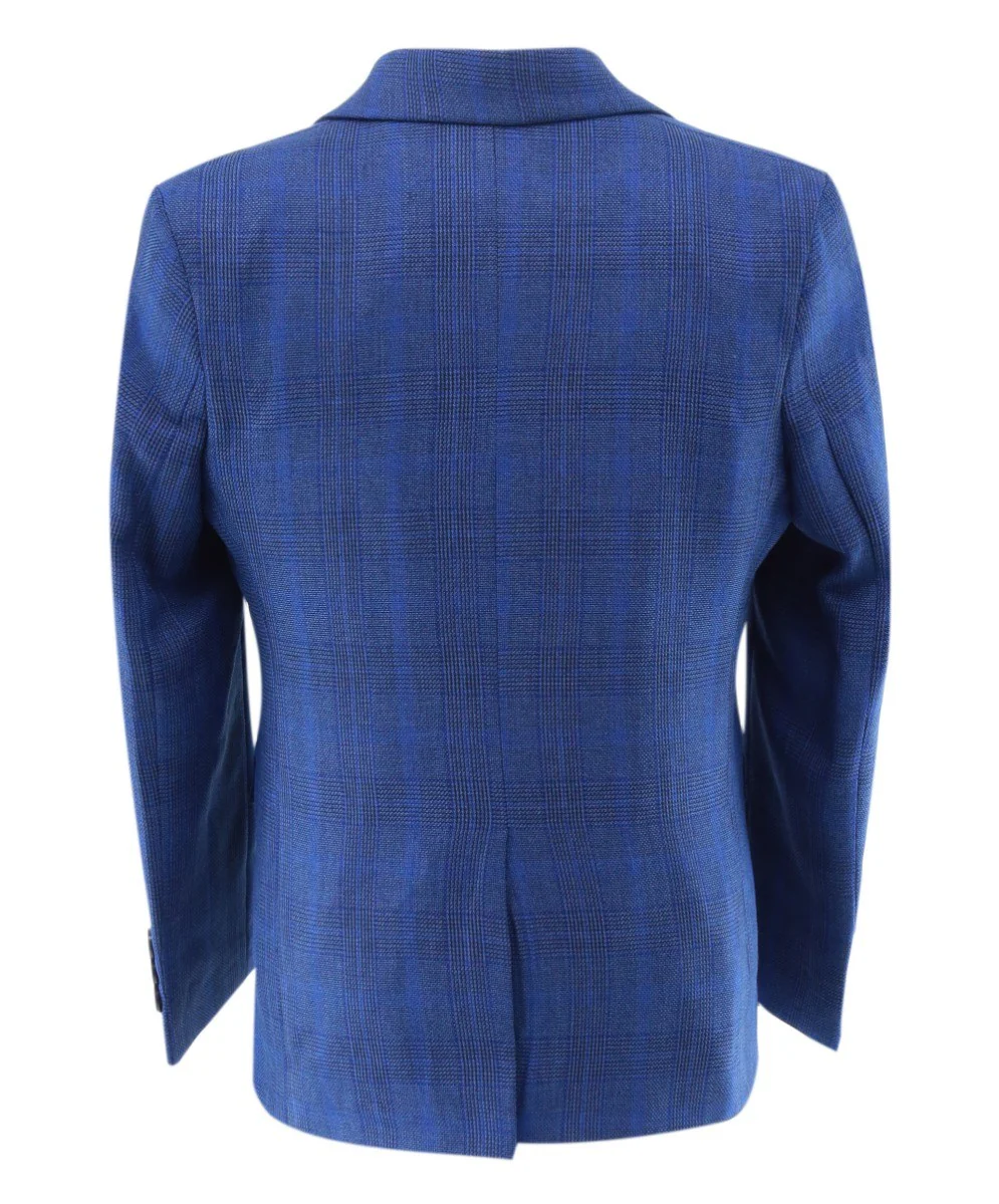 Boys Plaid Check Tailored Fit Blue Suit - LIONEL - Mid Blue - Image 3