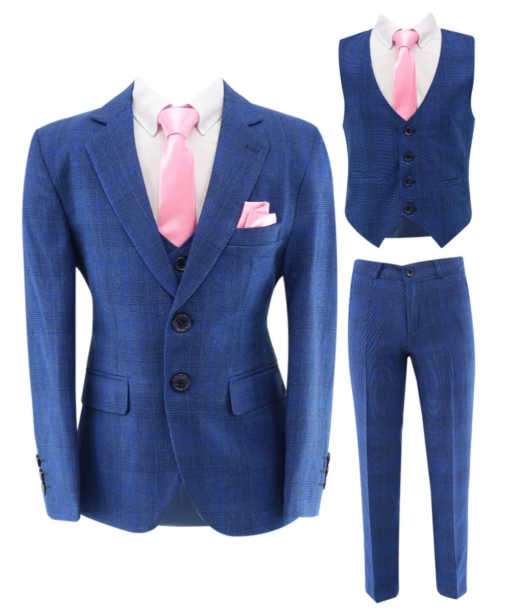 Boys Plaid Check Tailored Fit Blue Suit - LIONEL - Mid Blue - Image 4