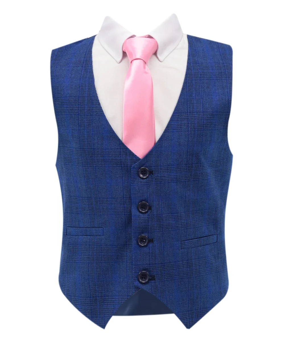 Boys Plaid Check Tailored Fit Blue Suit - LIONEL - Mid Blue - Image 5