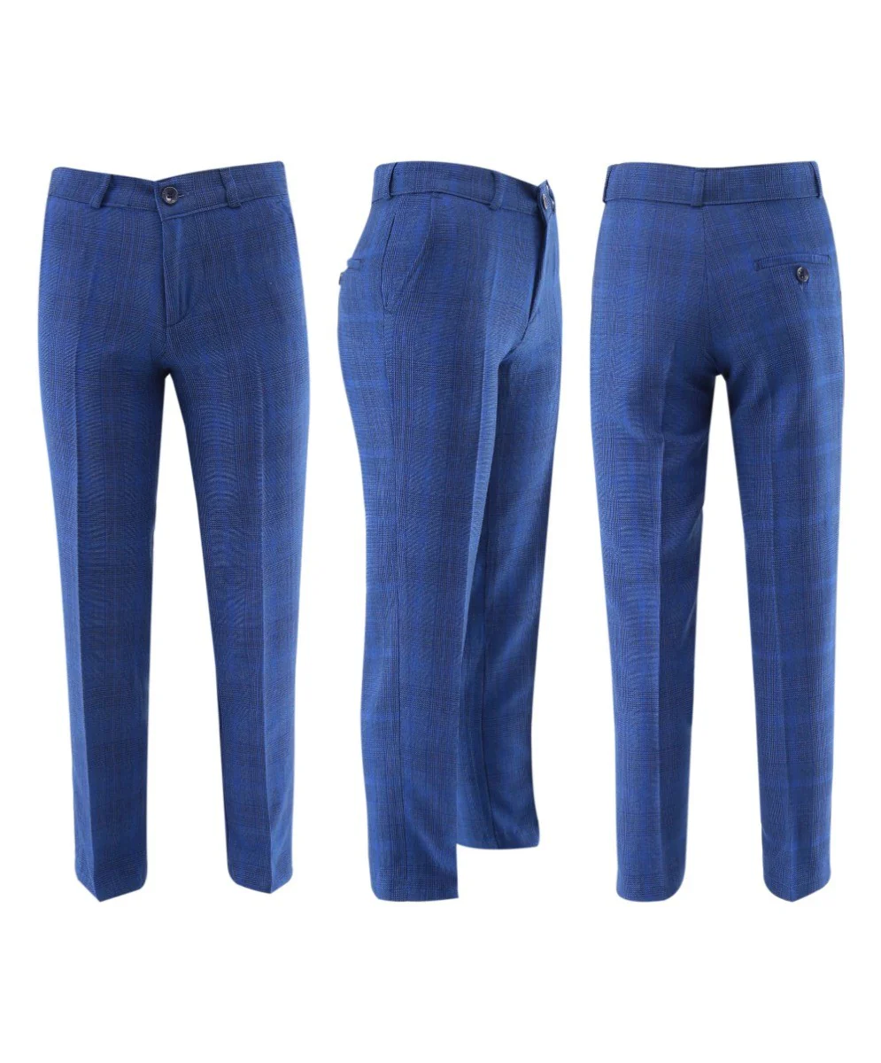 Boys Plaid Check Tailored Fit Blue Suit - LIONEL - Mid Blue - Image 7
