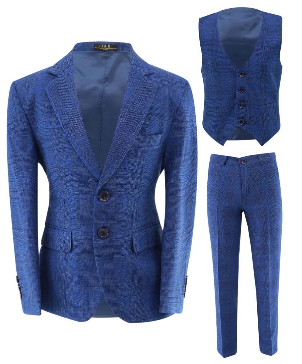 Boys Plaid Check Tailored Fit Blue Suit - LIONEL - Mid Blue - Image 8