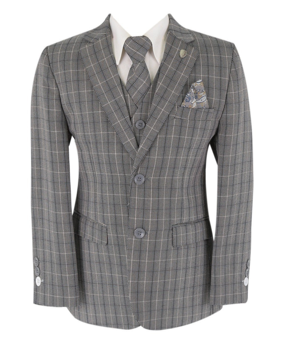 Boys Tweed Check Tailored Fit Suit - Grey - Image 3