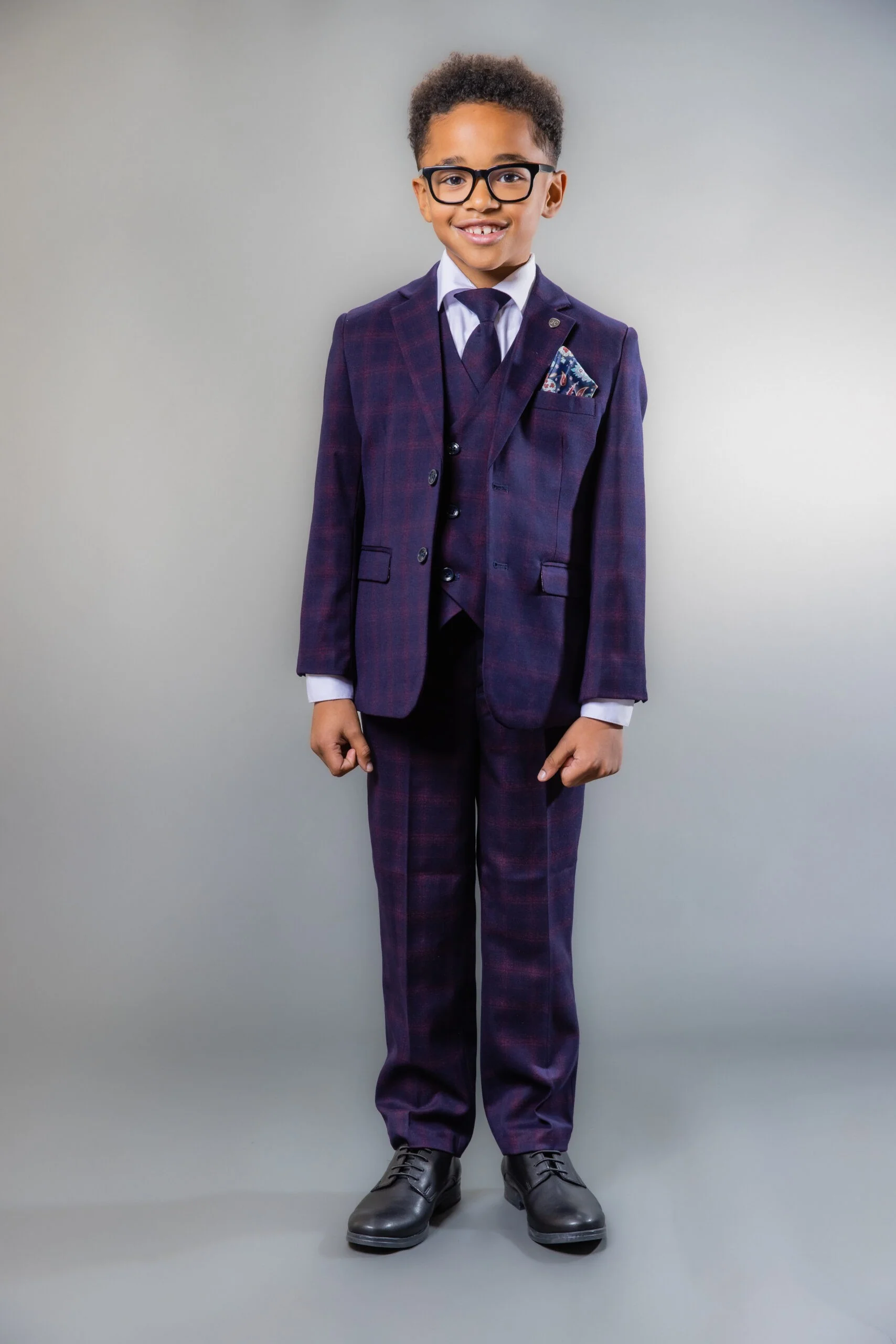Boys Retro Check Tailored Fit Navy Suit - Navy Blue and Burgundy - Image 2