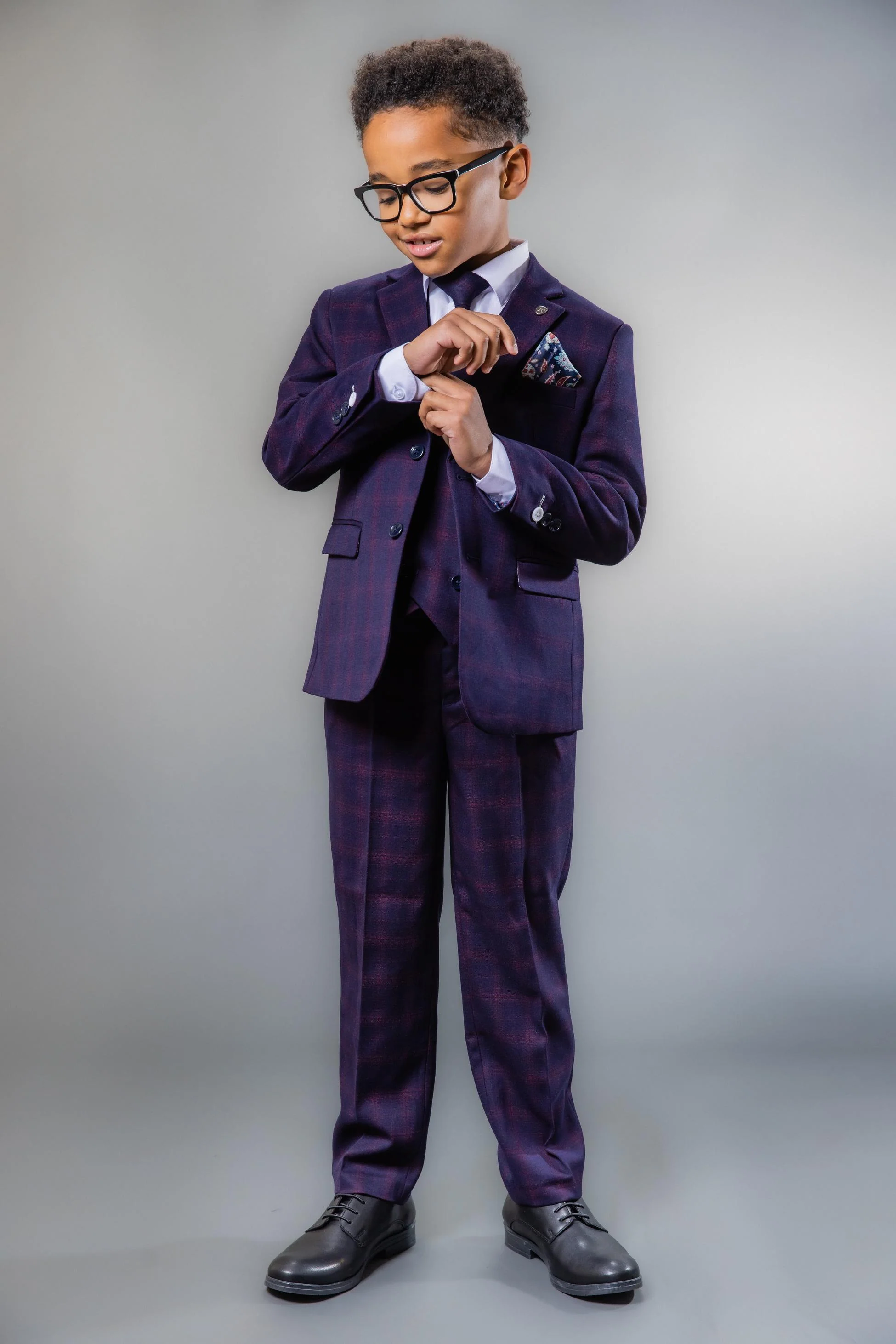 Boys Retro Check Tailored Fit Navy Suit - Navy Blue and Burgundy - Image 3