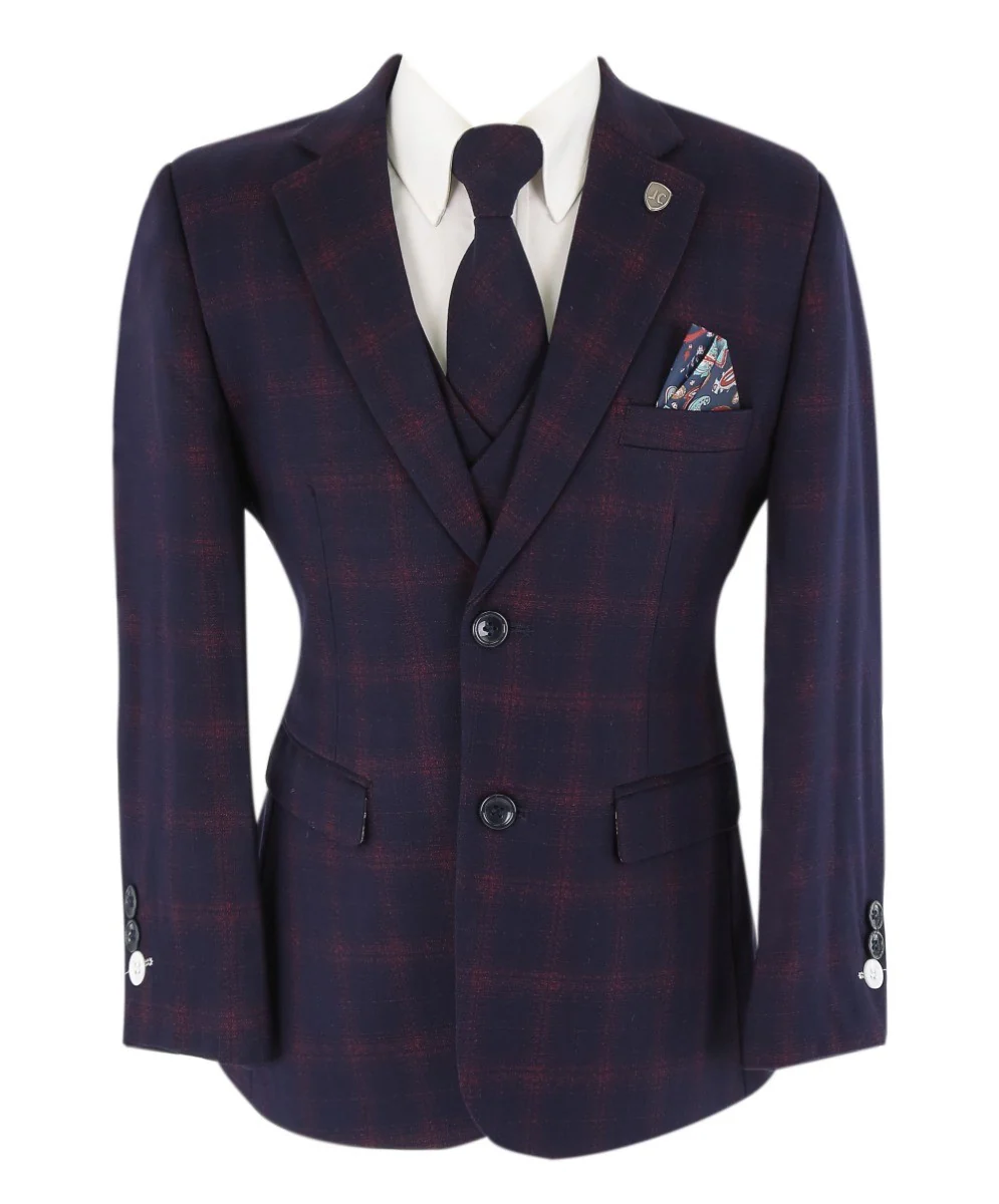 Boys Retro Check Tailored Fit Navy Suit - Navy Blue and Burgundy - Image 4