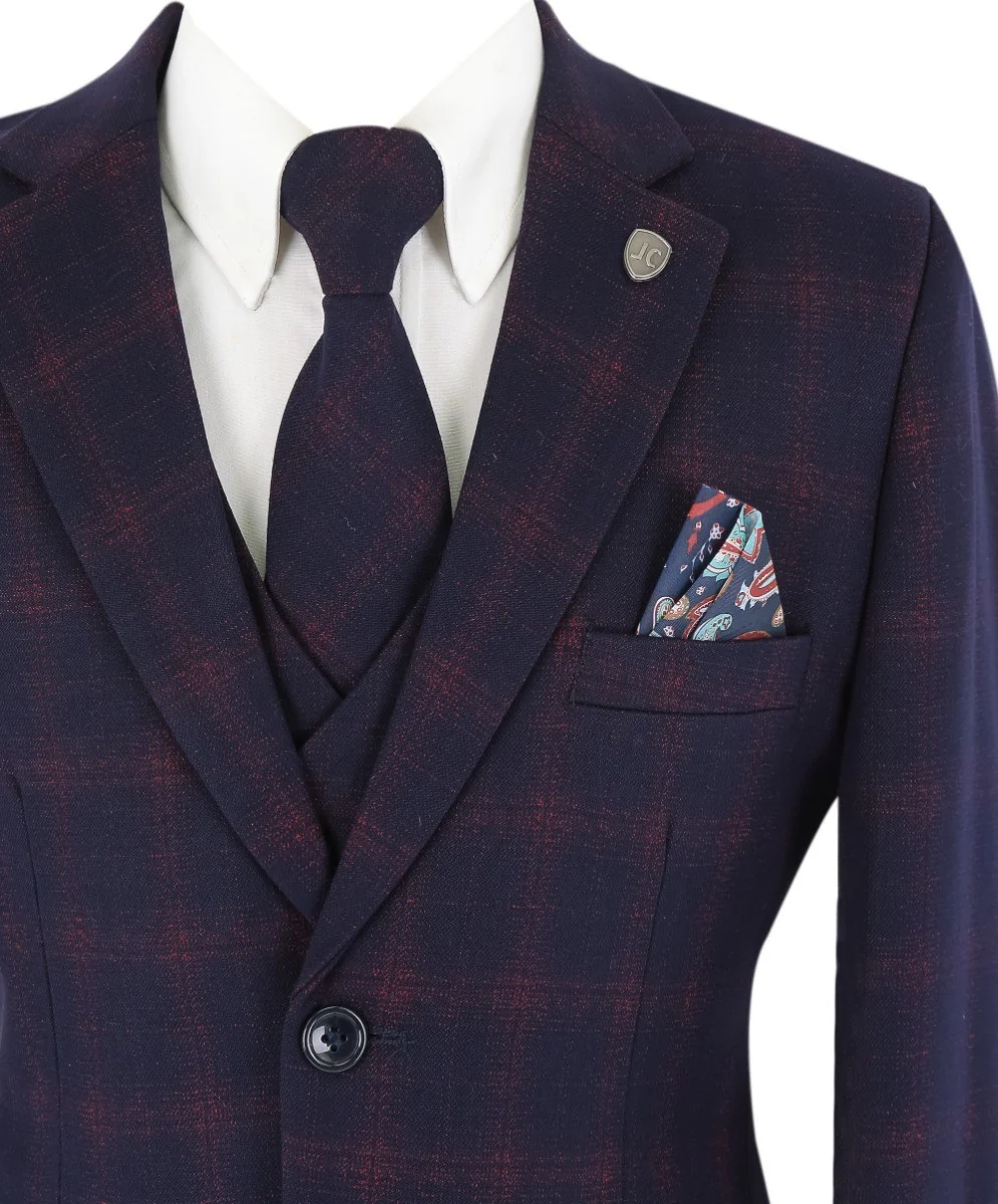 Boys Retro Check Tailored Fit Navy Suit - Navy Blue and Burgundy - Image 7