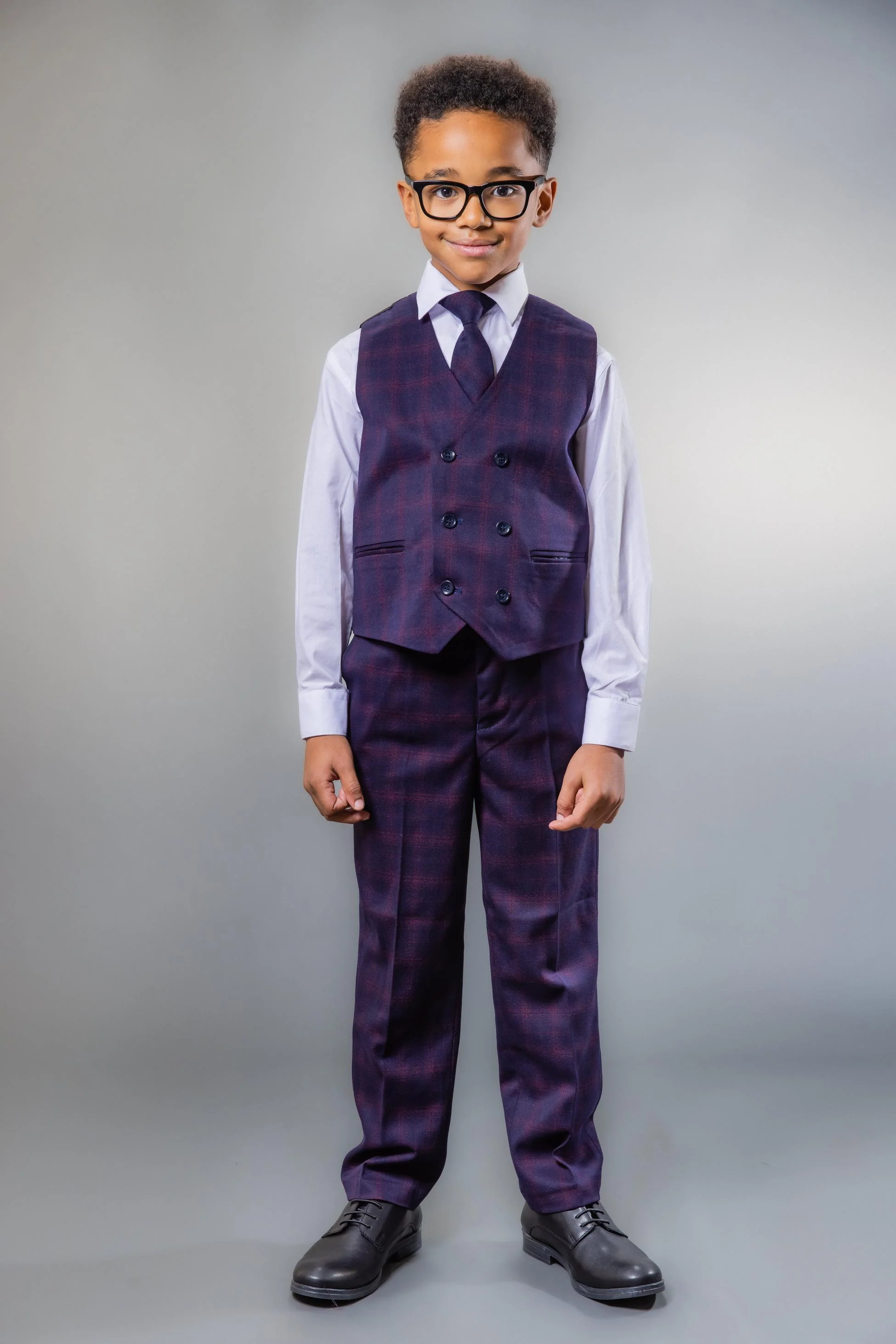 Boys Retro Check Tailored Fit Navy Suit - Navy Blue and Burgundy - Image 9