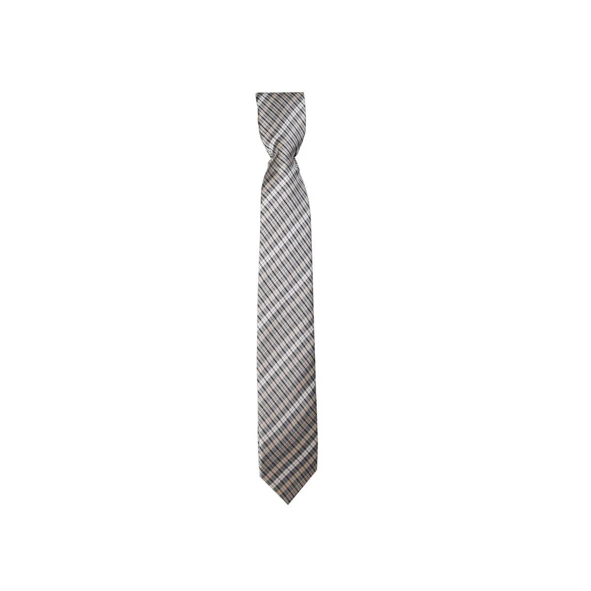 Boys Plaid Checkered Tie & Hankie Set - Beige and Silver - Image 2