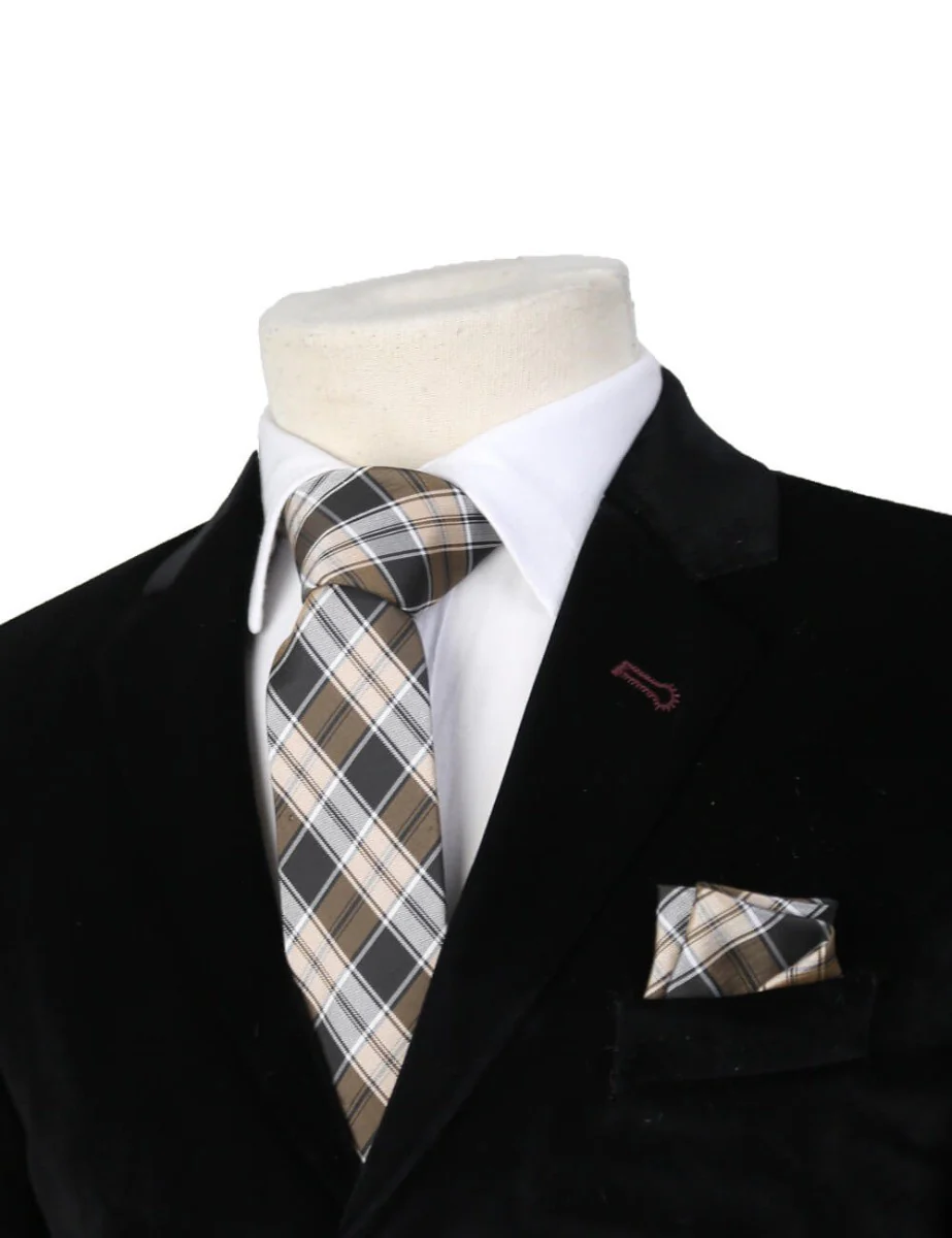 Boys Plaid Checkered Tie & Hankie Set Brown and Beige