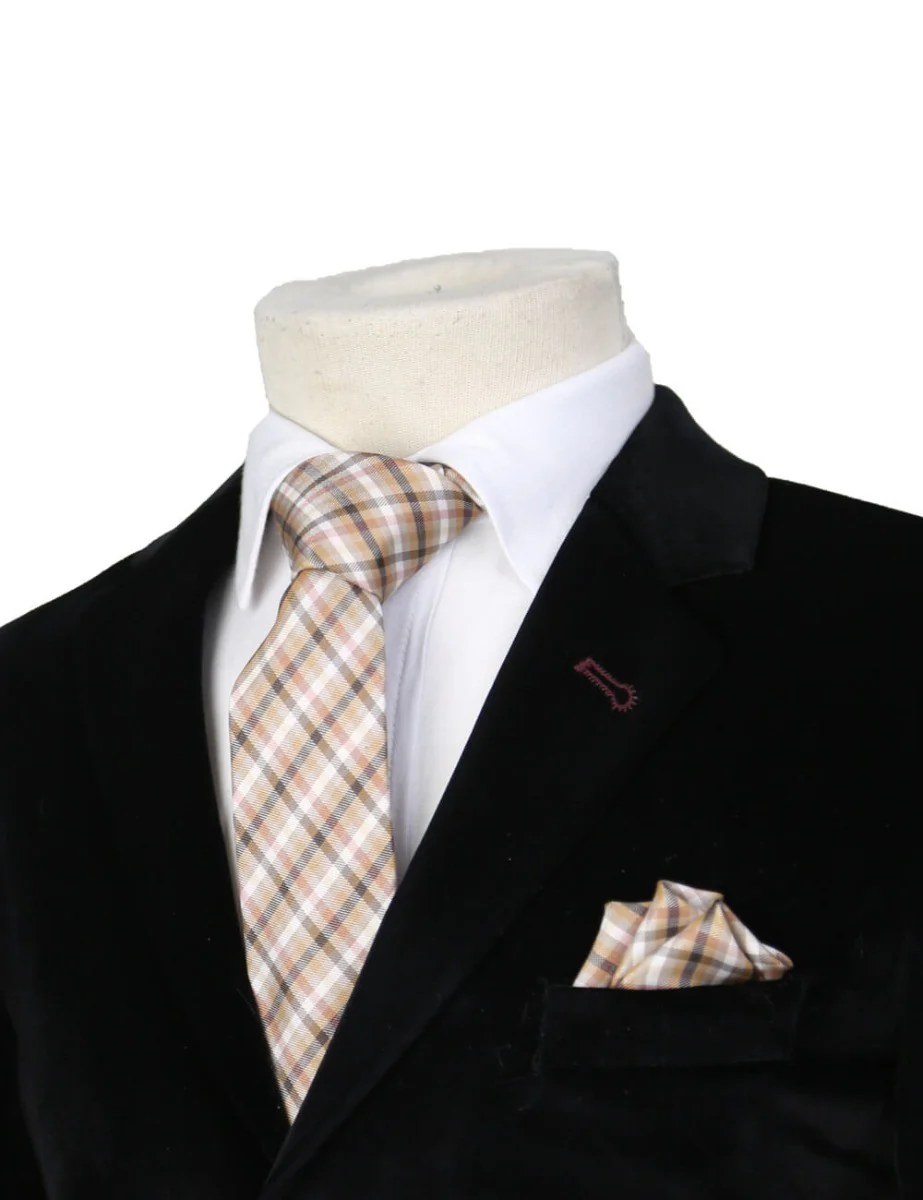 Boys Plaid Checkered Tie & Hankie Set Brown and White