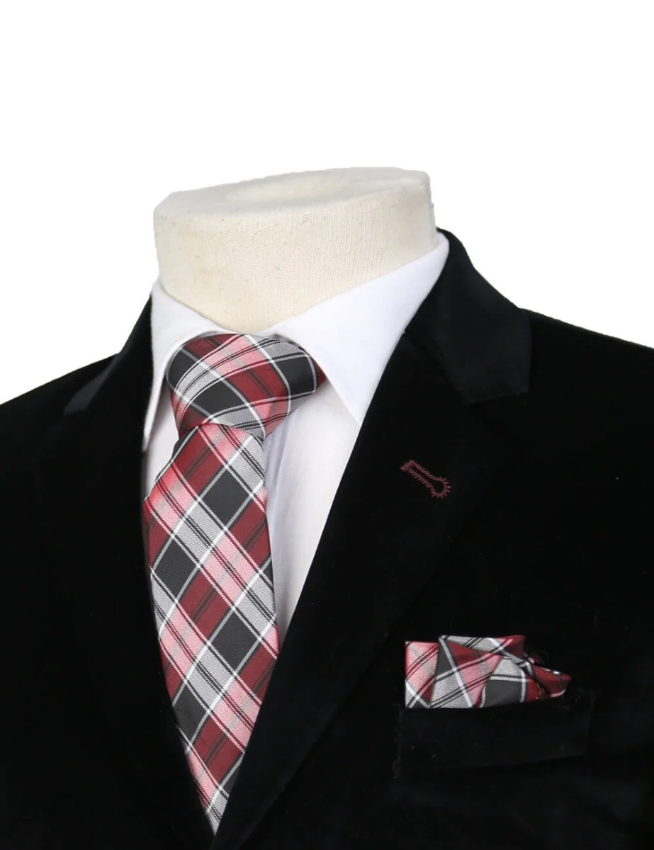 Boys Plaid Checkered Tie & Hankie Set Red and Grey