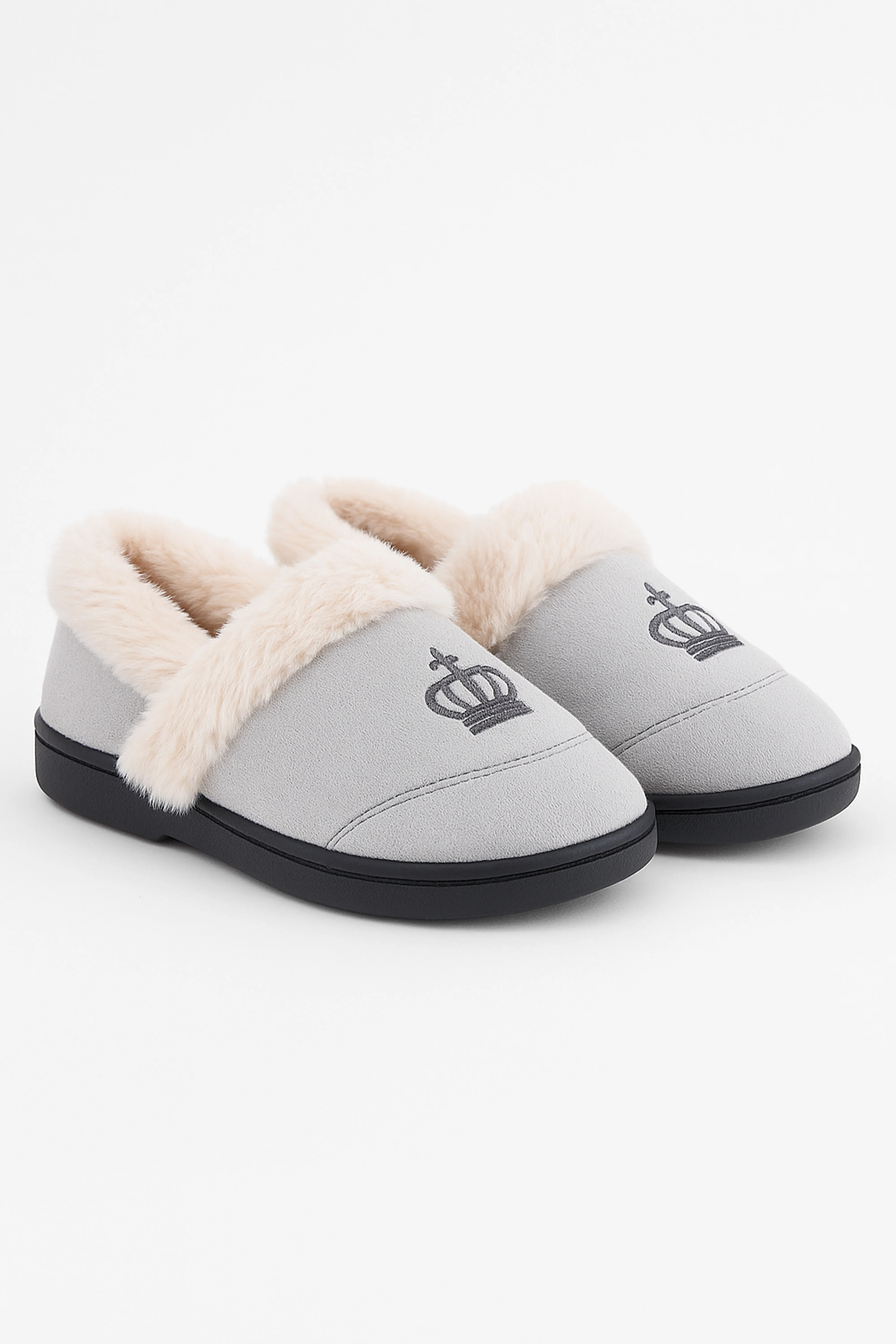Boys Plush Comfortable Crown Slippers - Cream - Grey - Image 3