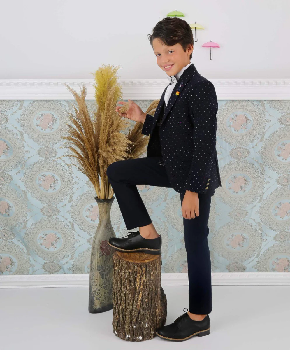 Boys Polka Dot Slim Fit Suit - ARISTOTLE - Navy Blue - Image 3