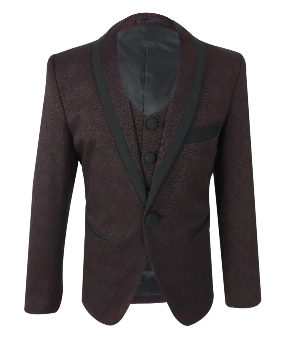 Boys Piping Textured Suit - MATTEO - Burgundy - Image 3