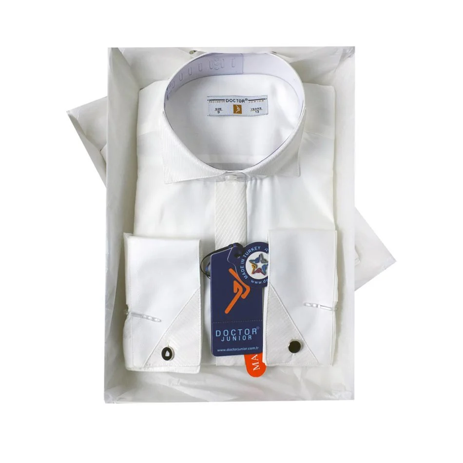 Boys Wing Collar Cufflink Shirt - ATAYAKA - Cream - Image 2