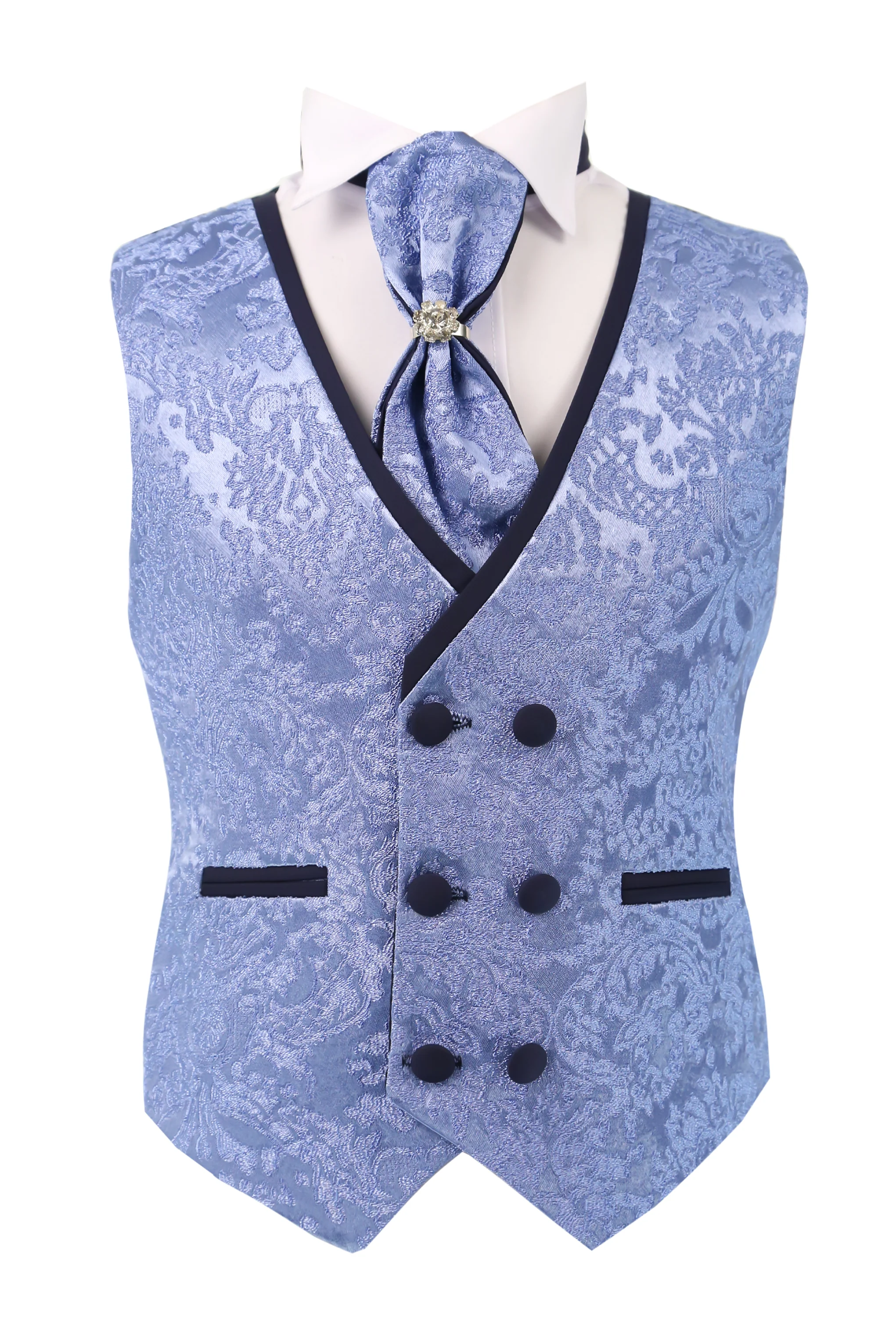 Boys 5-Piece Floral Jacquard Tuxedo Suit with Double Breasted Waistcoat - Blue - Image 10
