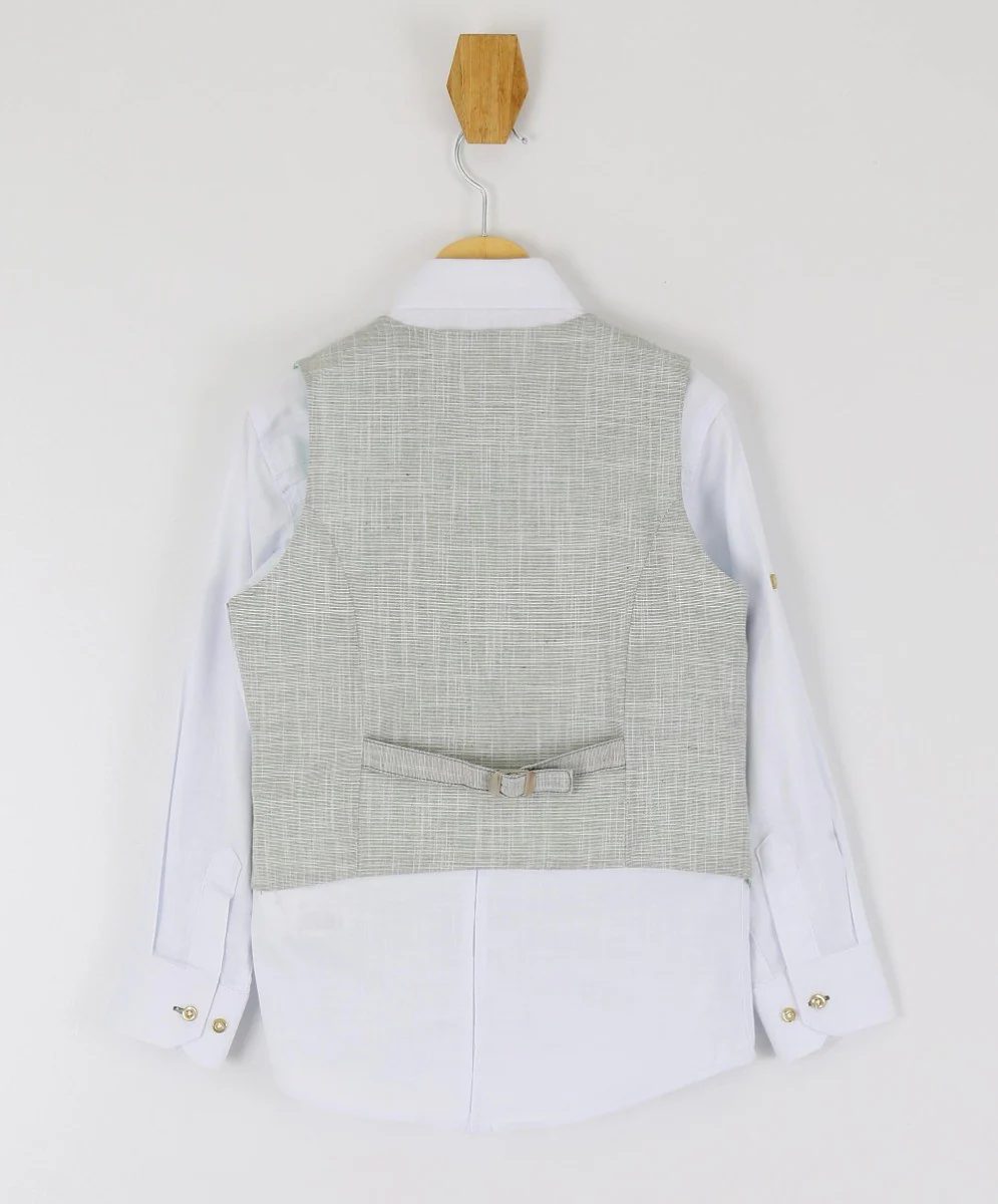 Boys Self Patterned Double-Breasted Linen Waistcoat Suit Set - Light Khaki - Image 3