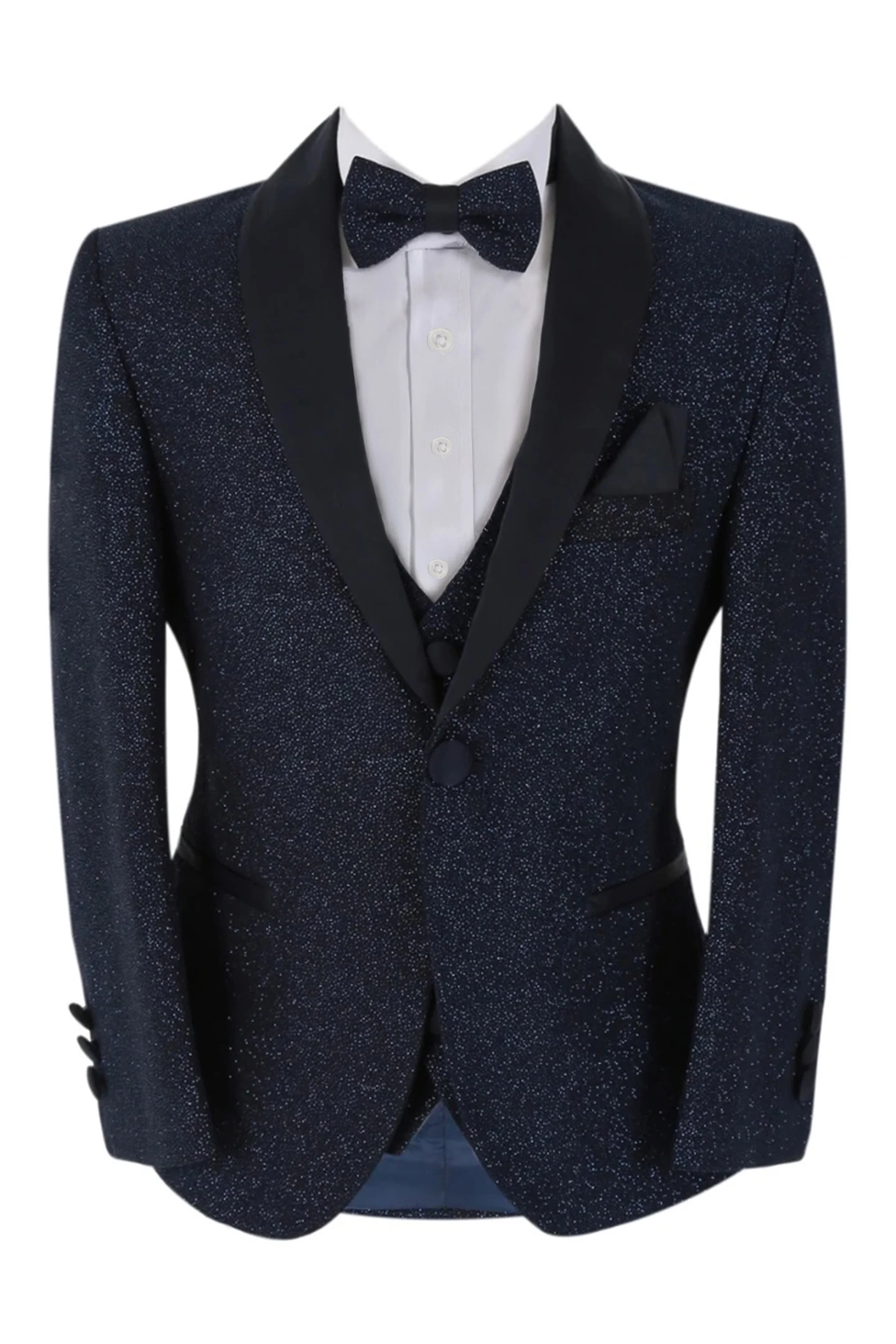 Boys Shimmer Tuxedo Dinner 6 Piece Suit Set - Navy Blue - Image 2