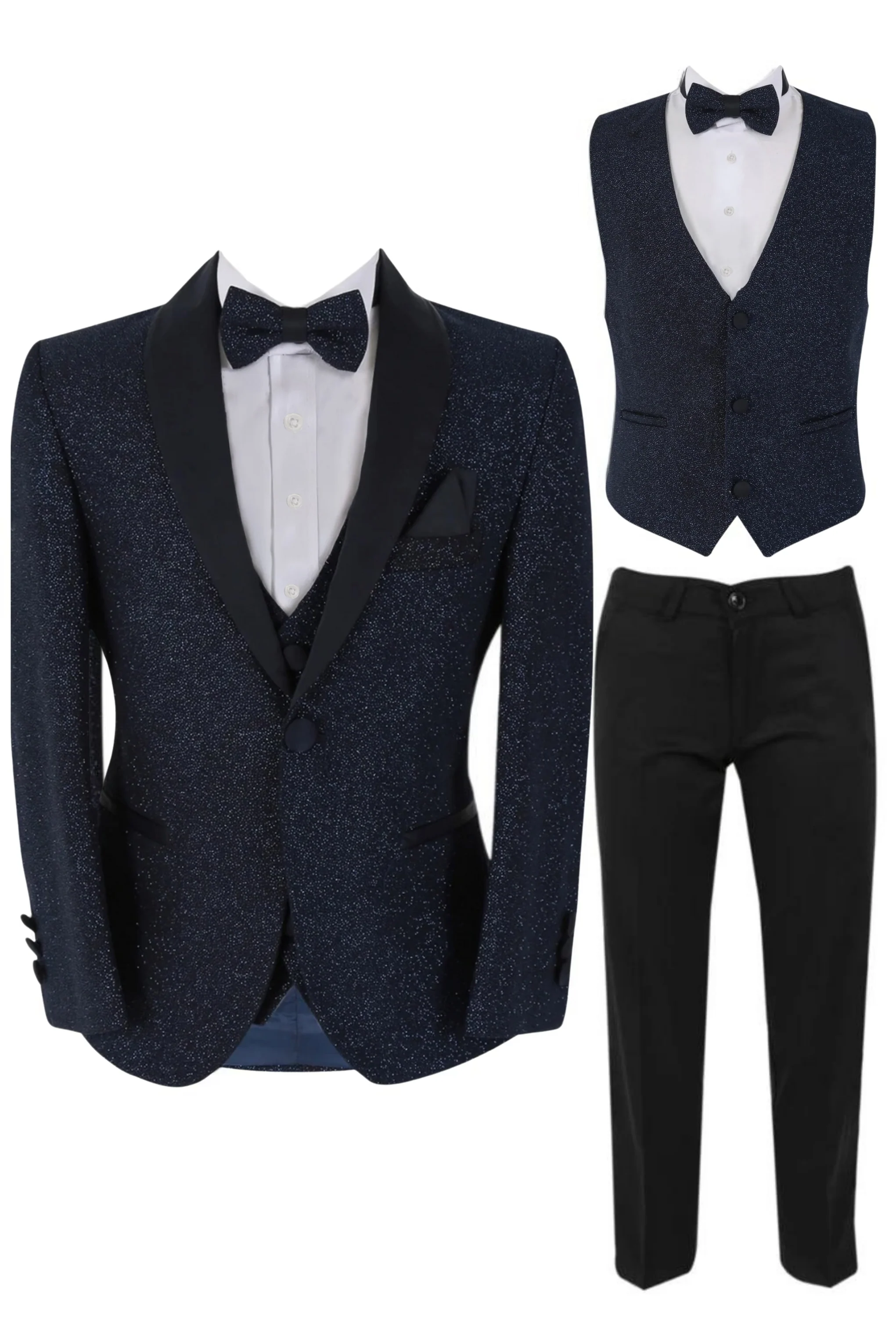 Boys Shimmer Tuxedo Dinner 6 Piece Suit Set - Navy Blue - Image 3