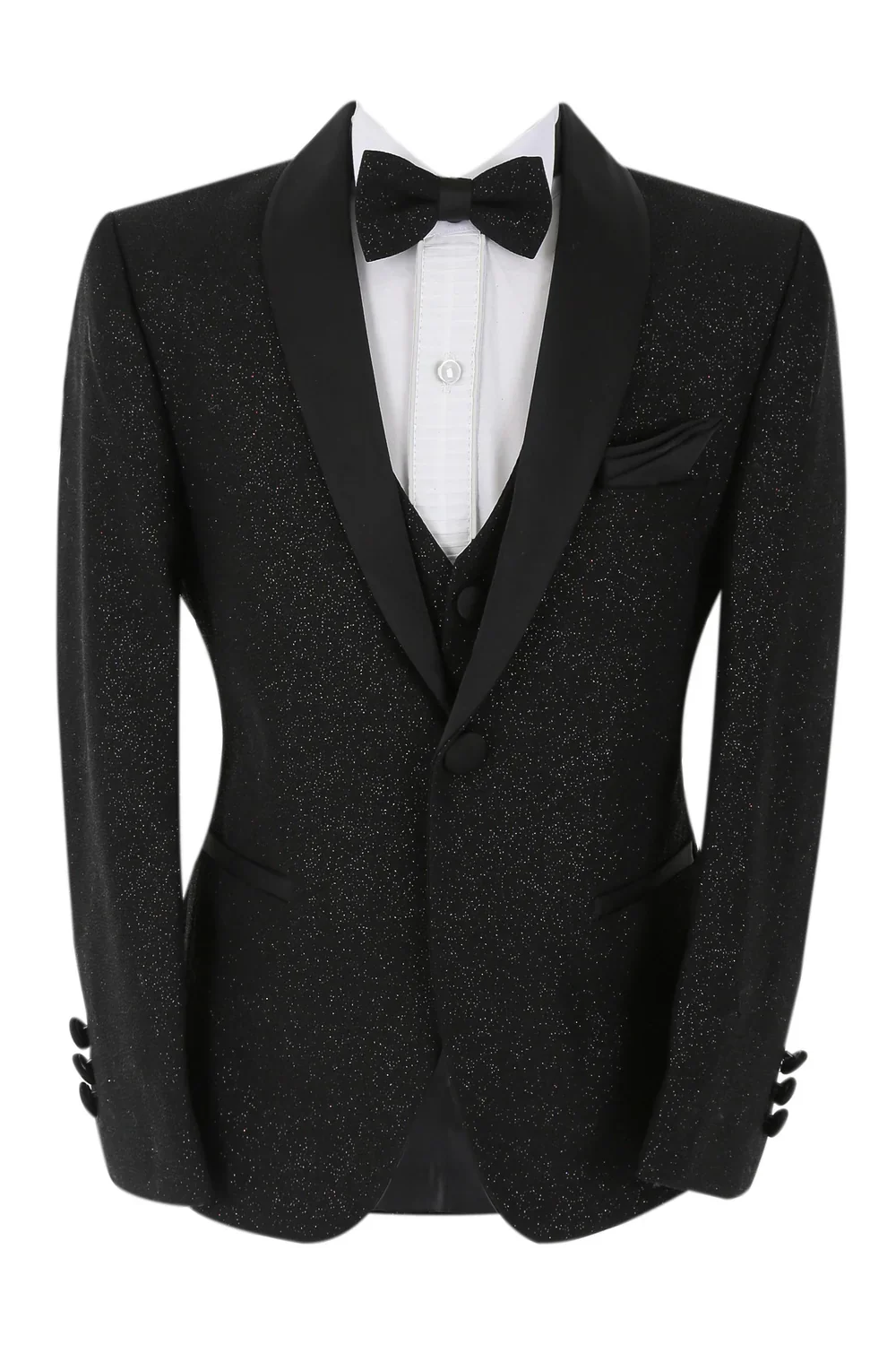Boys Shimmer Tuxedo Dinner 6 Piece Suit Set - Black - Image 2