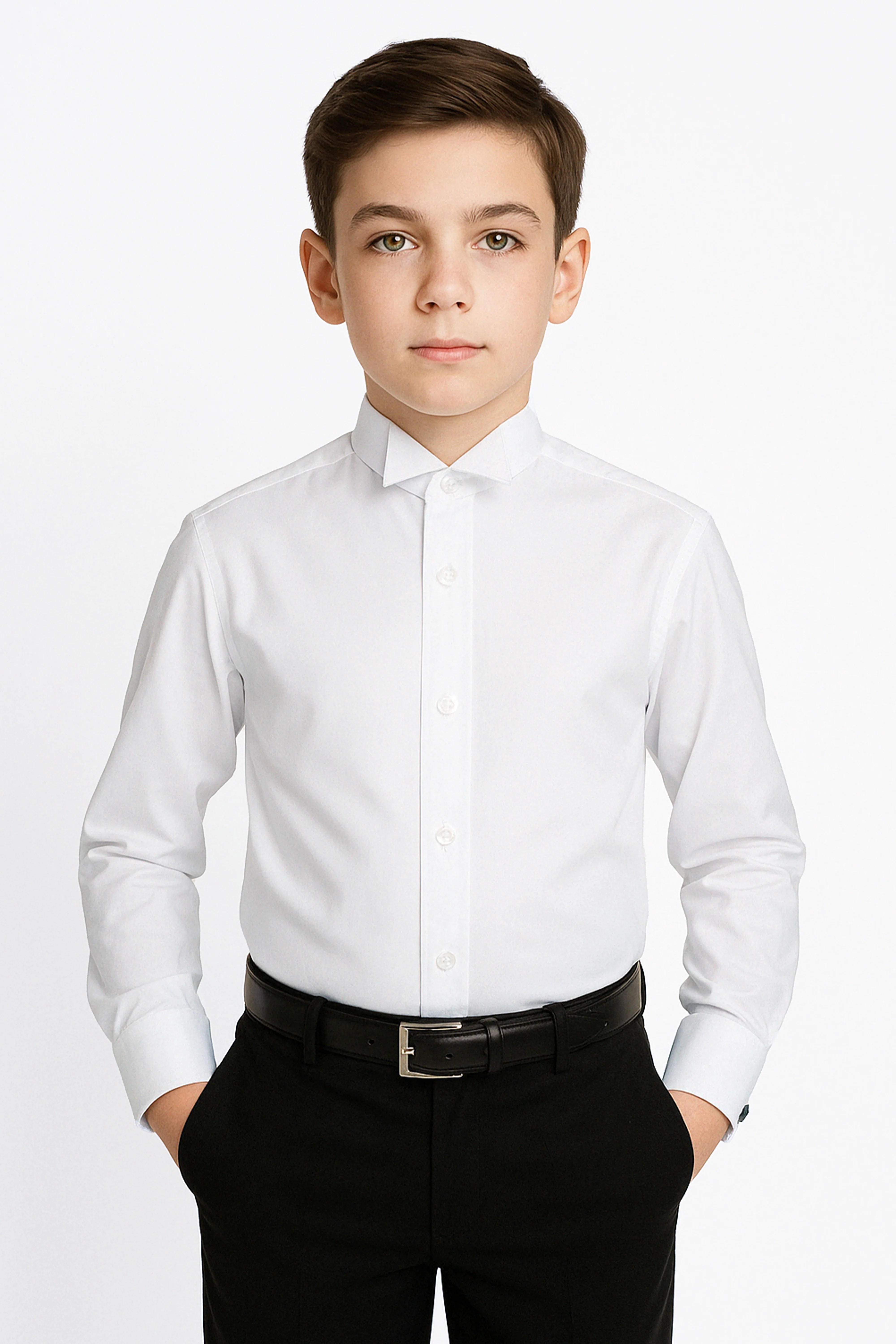 Boys Wing Collar Tuxedo Cufflink White Shirt - White